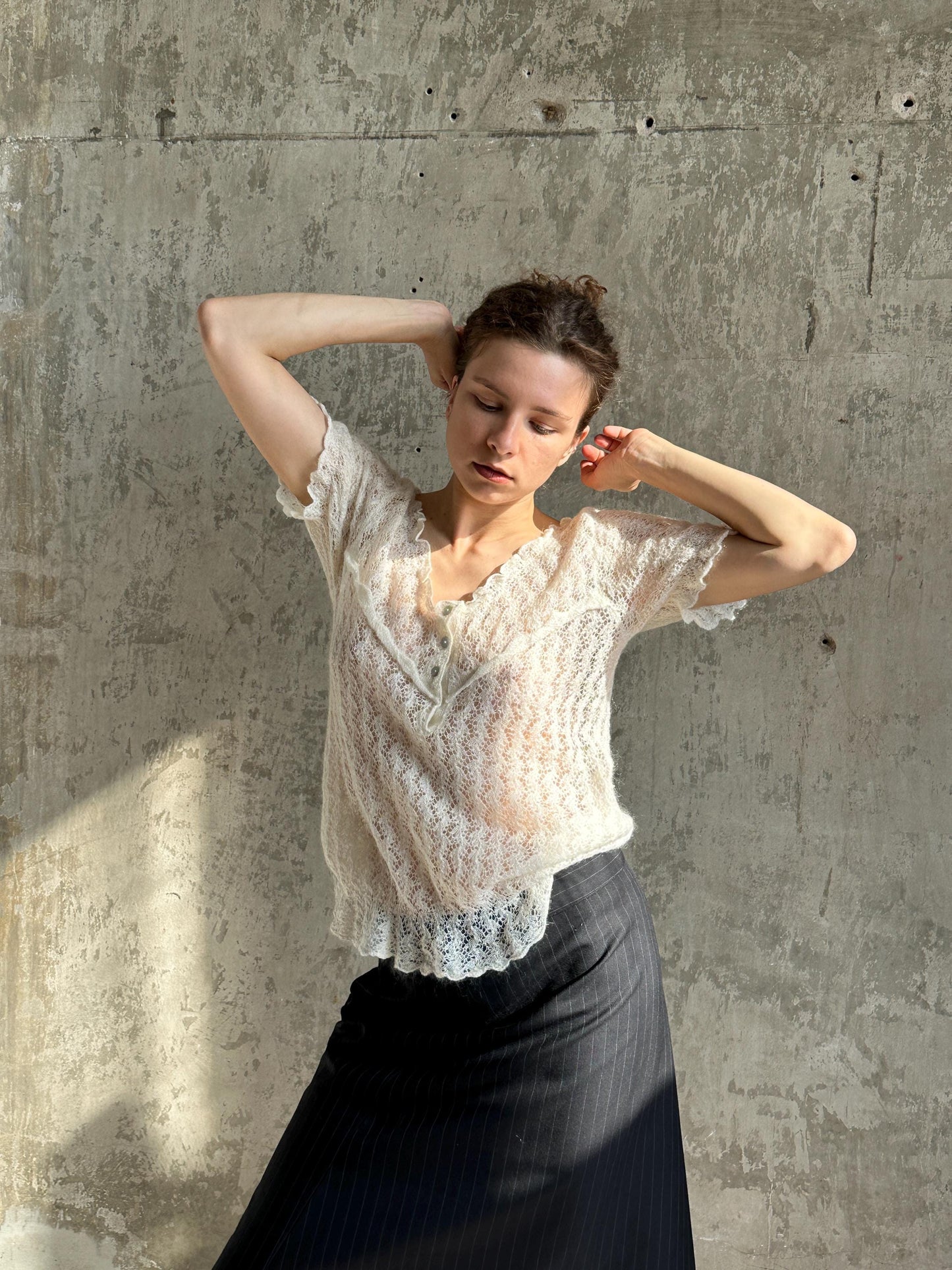 Vintage Mohair Romantic Ruffle Top in White I Sheer Knitted Top