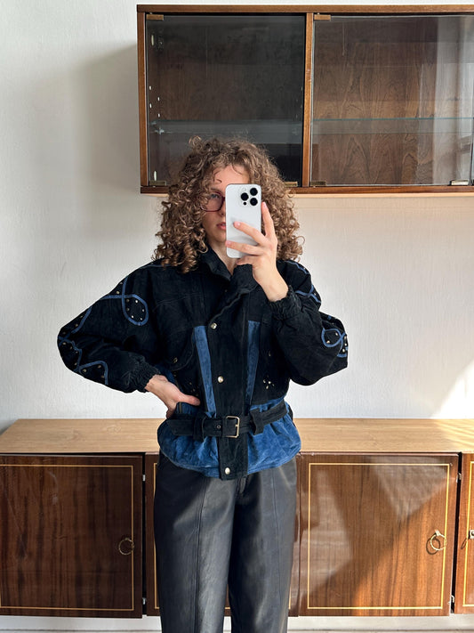 Vintage 90s Suede Leather Motorcycle Bomber Jacket - Black, Cropped Dolman Sleeve