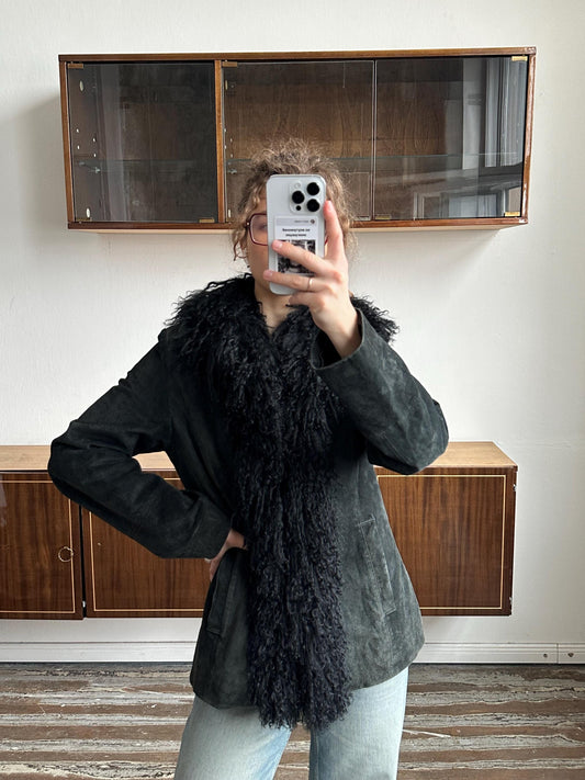 Vintage 90s leather afghan coat with faux fur in black
