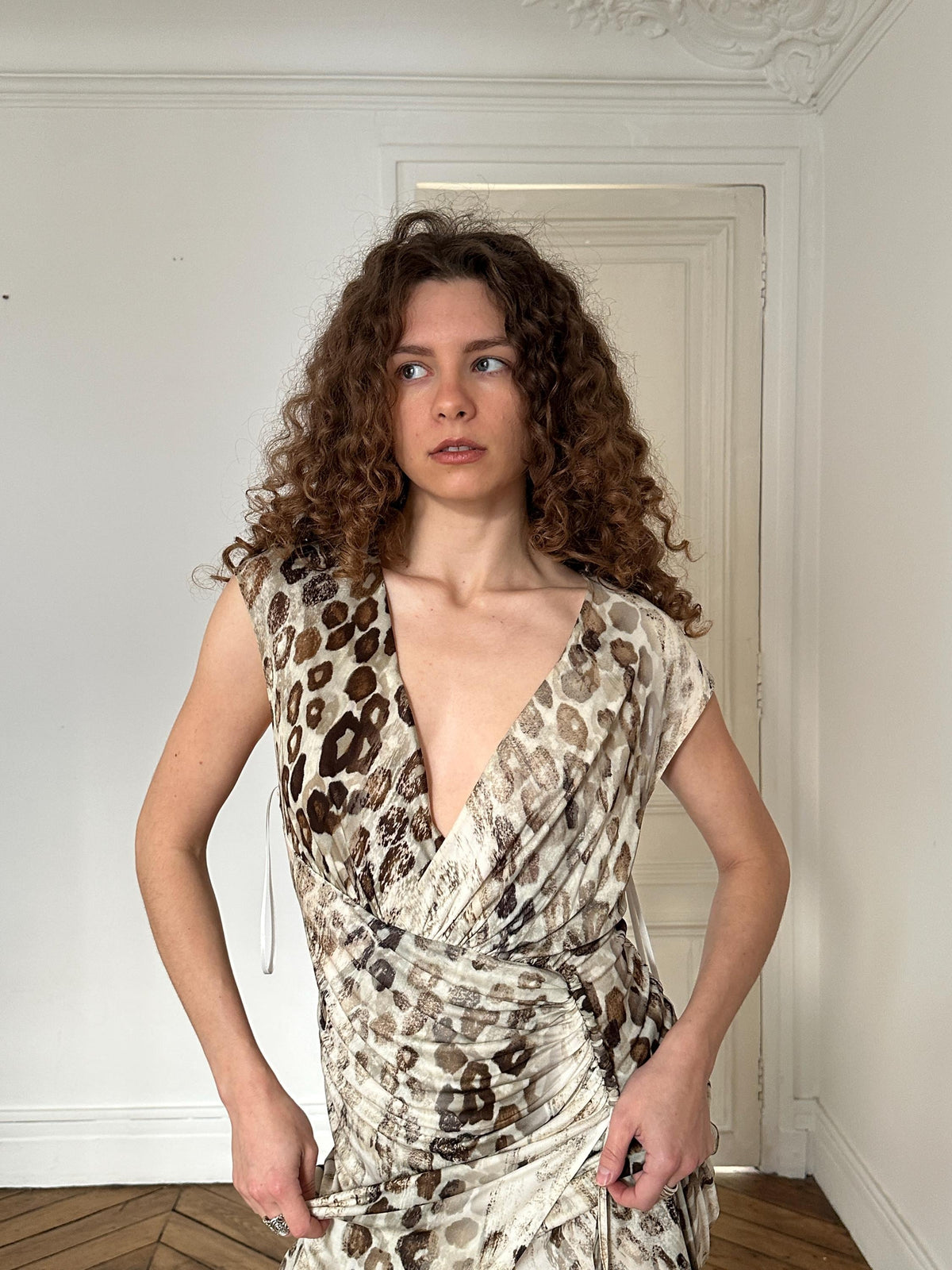 Vintage Roberto Cavalli Leopard Print Wrap Dress in Beige