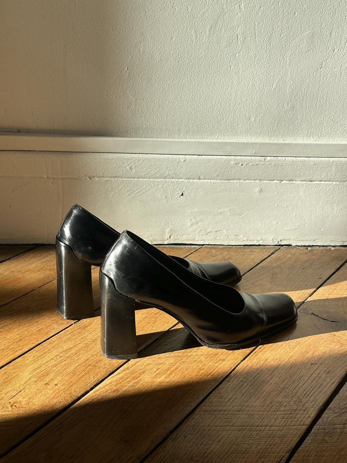 Vintage Prada Black Leather Block Heel Pumps | EU 38