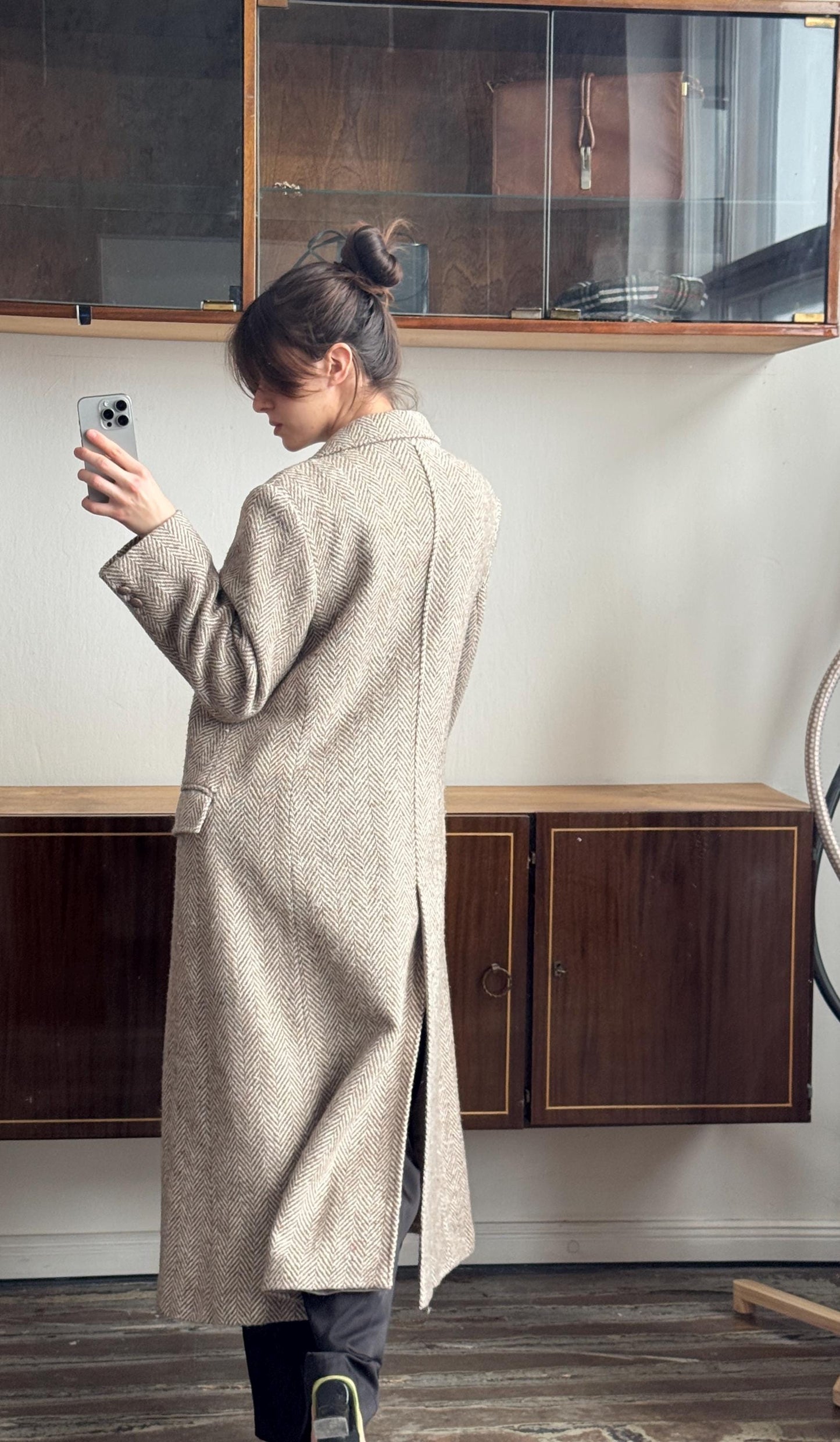 Vintage 90s Maxi Wool Classic Double-Breasted Coat In Beige
