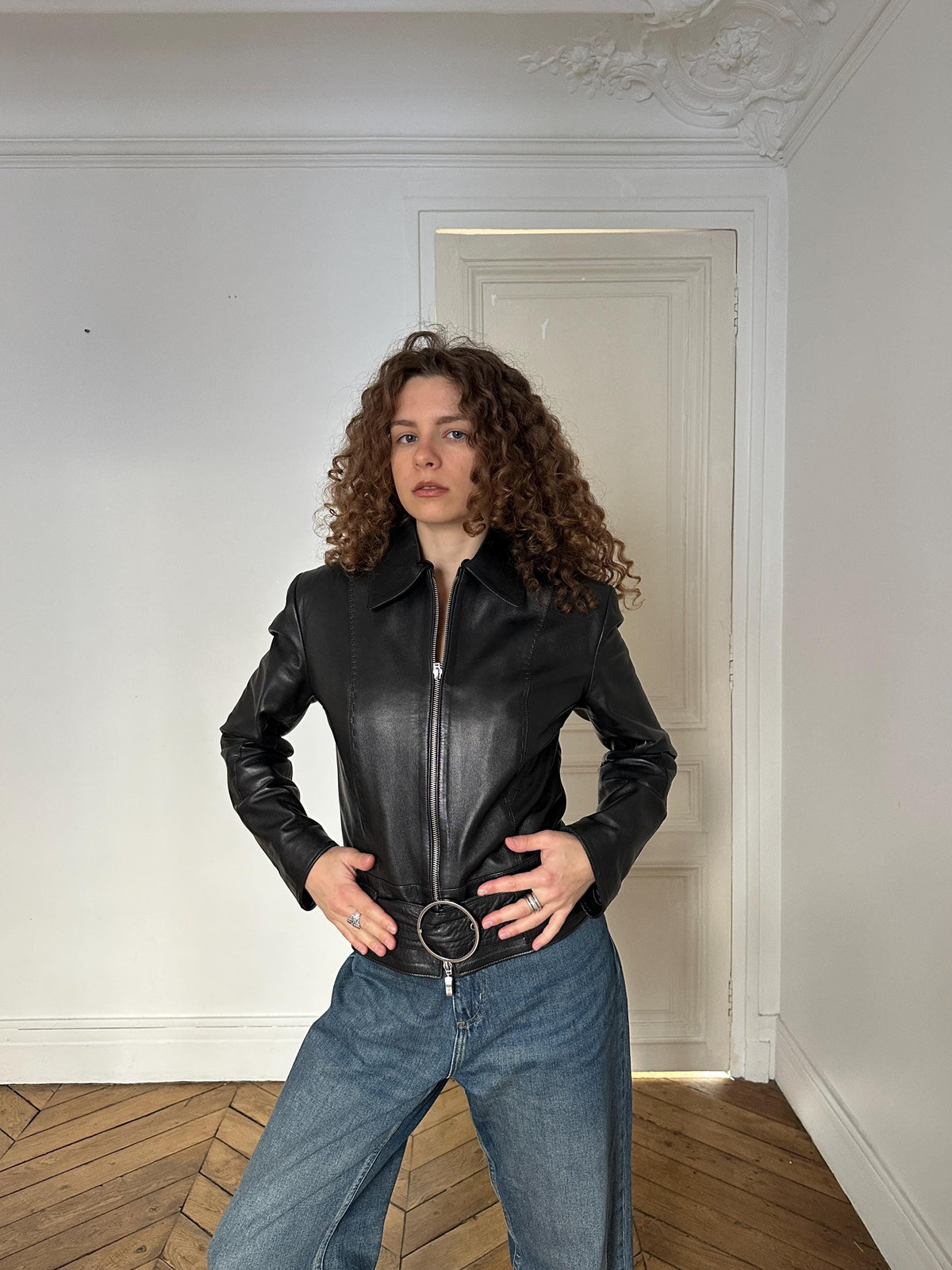 Vintage Genuine Leather Belted Jacket in Black with Ring Buckle