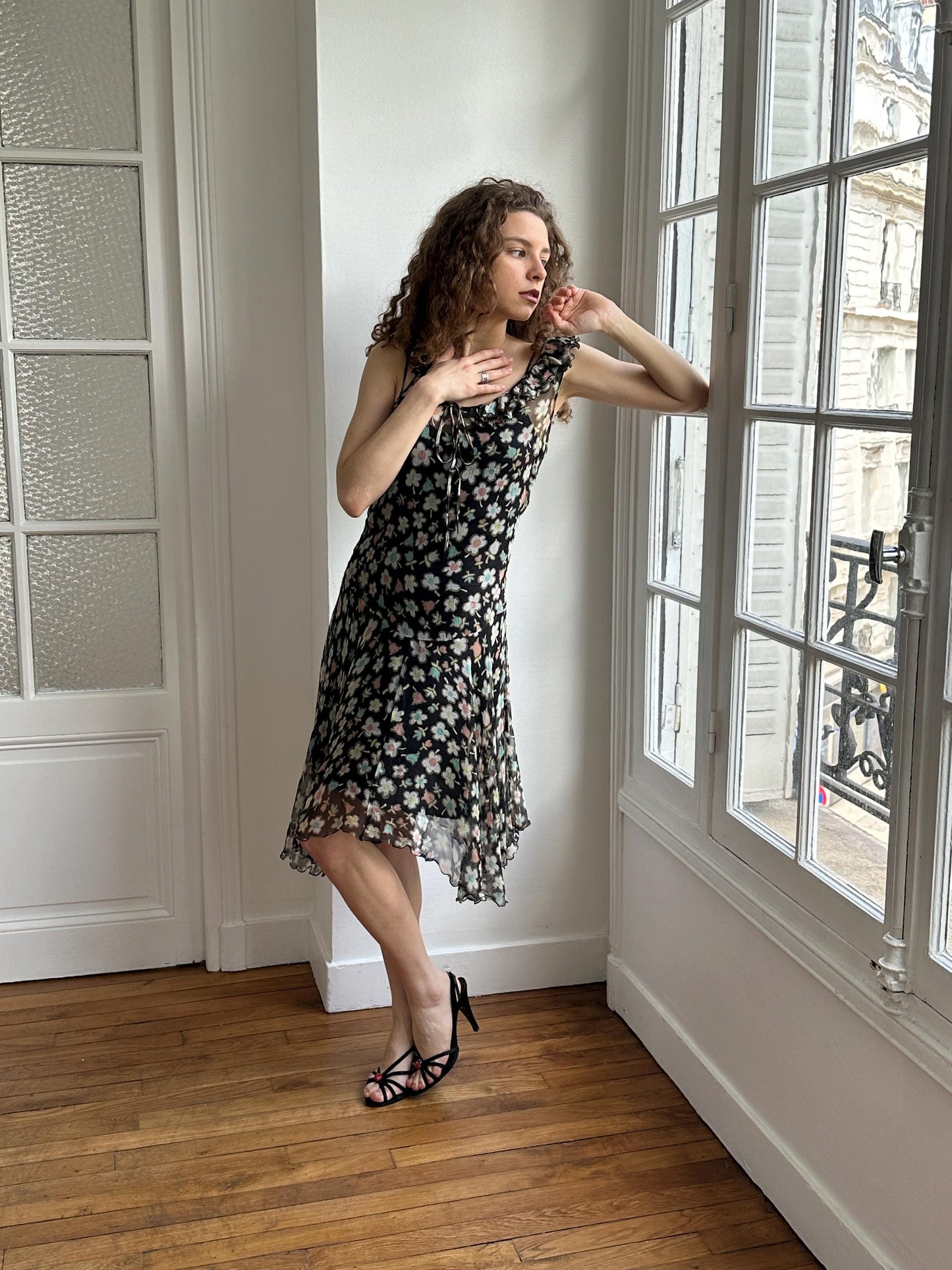 Moschino Cheap and Chic Black Floral Chiffon Midi Dress