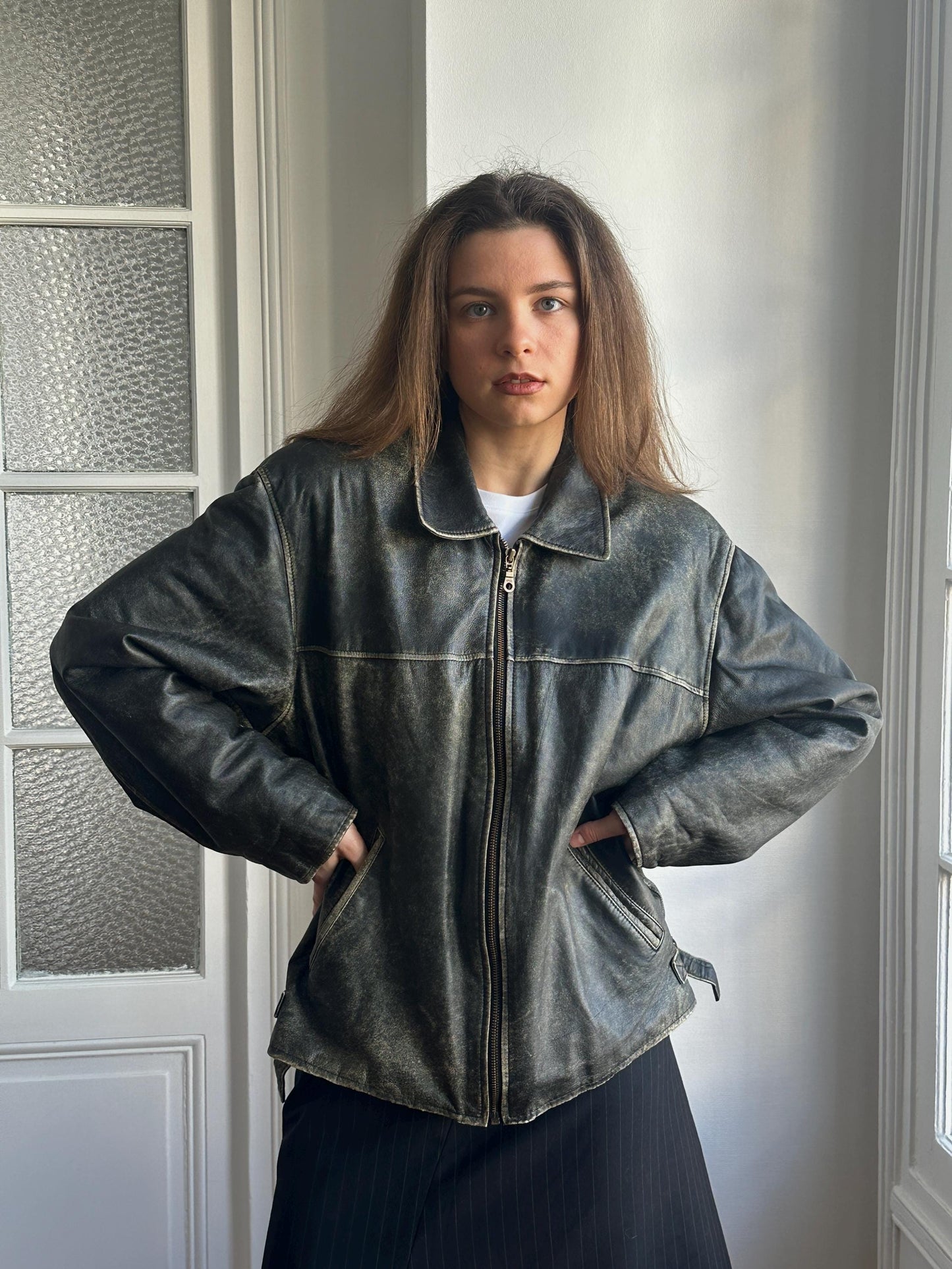 Vintage Distressed Leather Bomber Jacket in Black