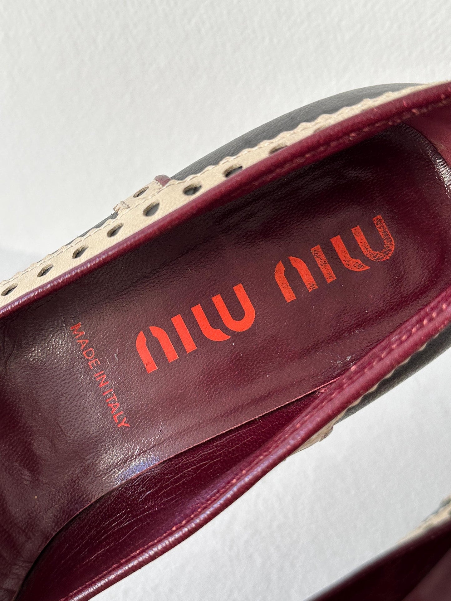 Miu Miu Black & Cream Perforated Leather Kitten Heel Pumps I US 6.5