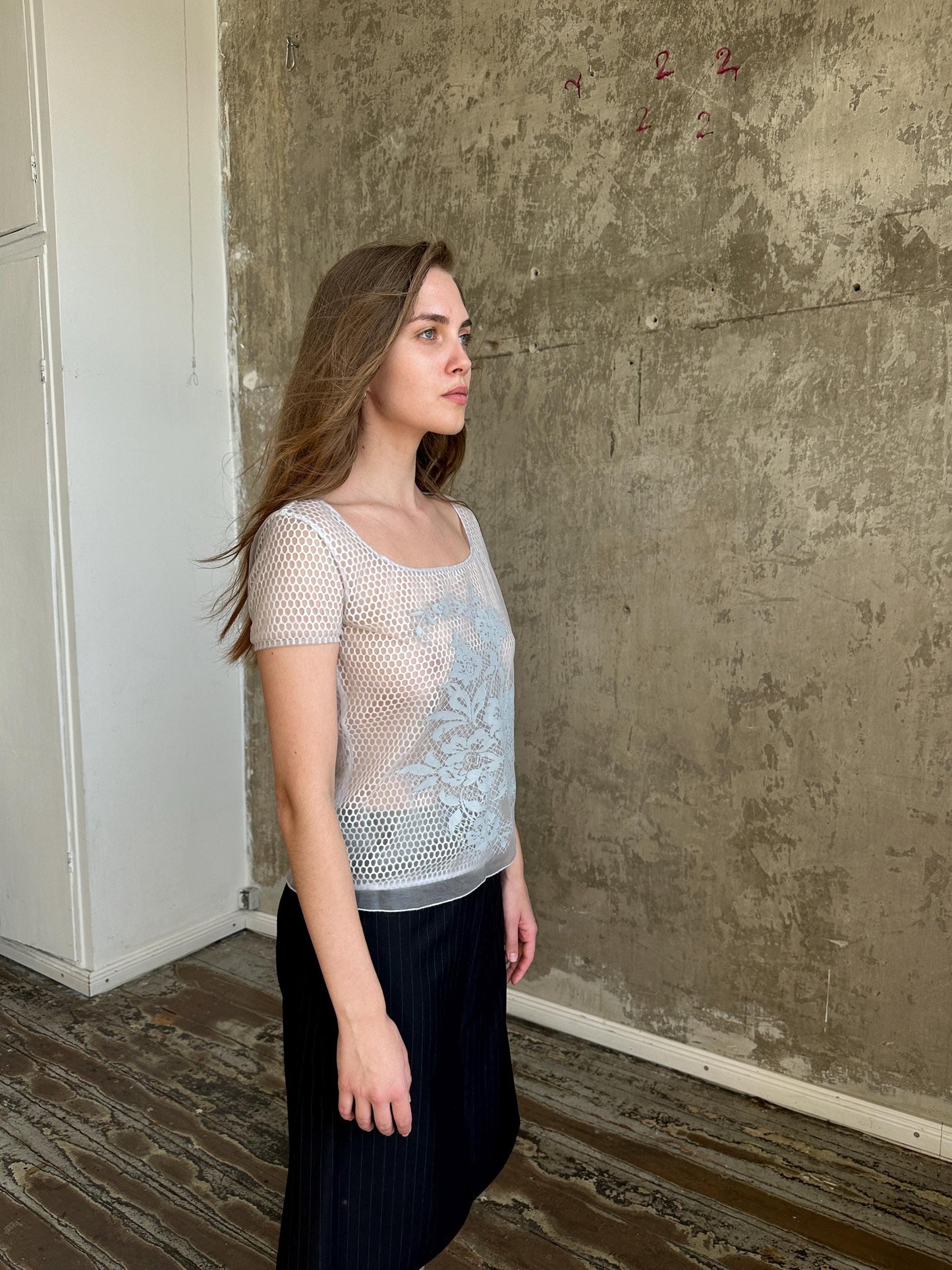 Vintage Cavalli Jeans Grey Mesh Top | Sheer Fishnet T-Shirt
