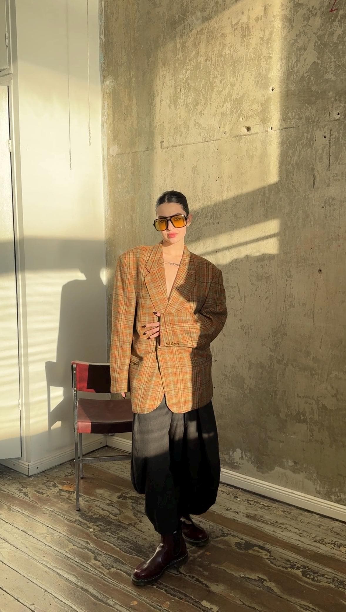 Vintage 90s Wool Oversized Checked Blazer In Brown, Green and Red