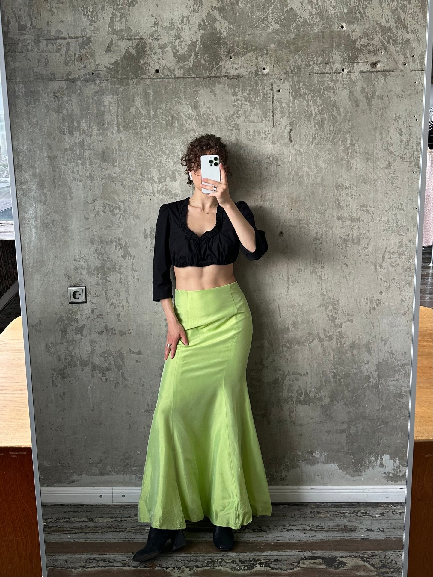 Vintage y2k shiny prom skirt, floor acid green mermaid skirt