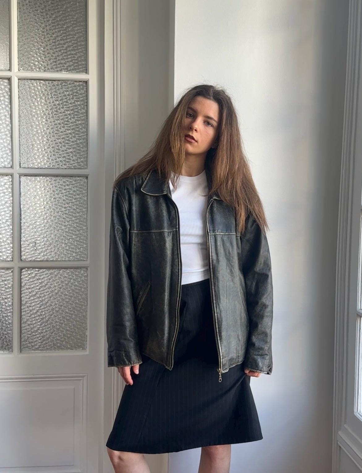Vintage Distressed Leather Bomber Jacket in Black
