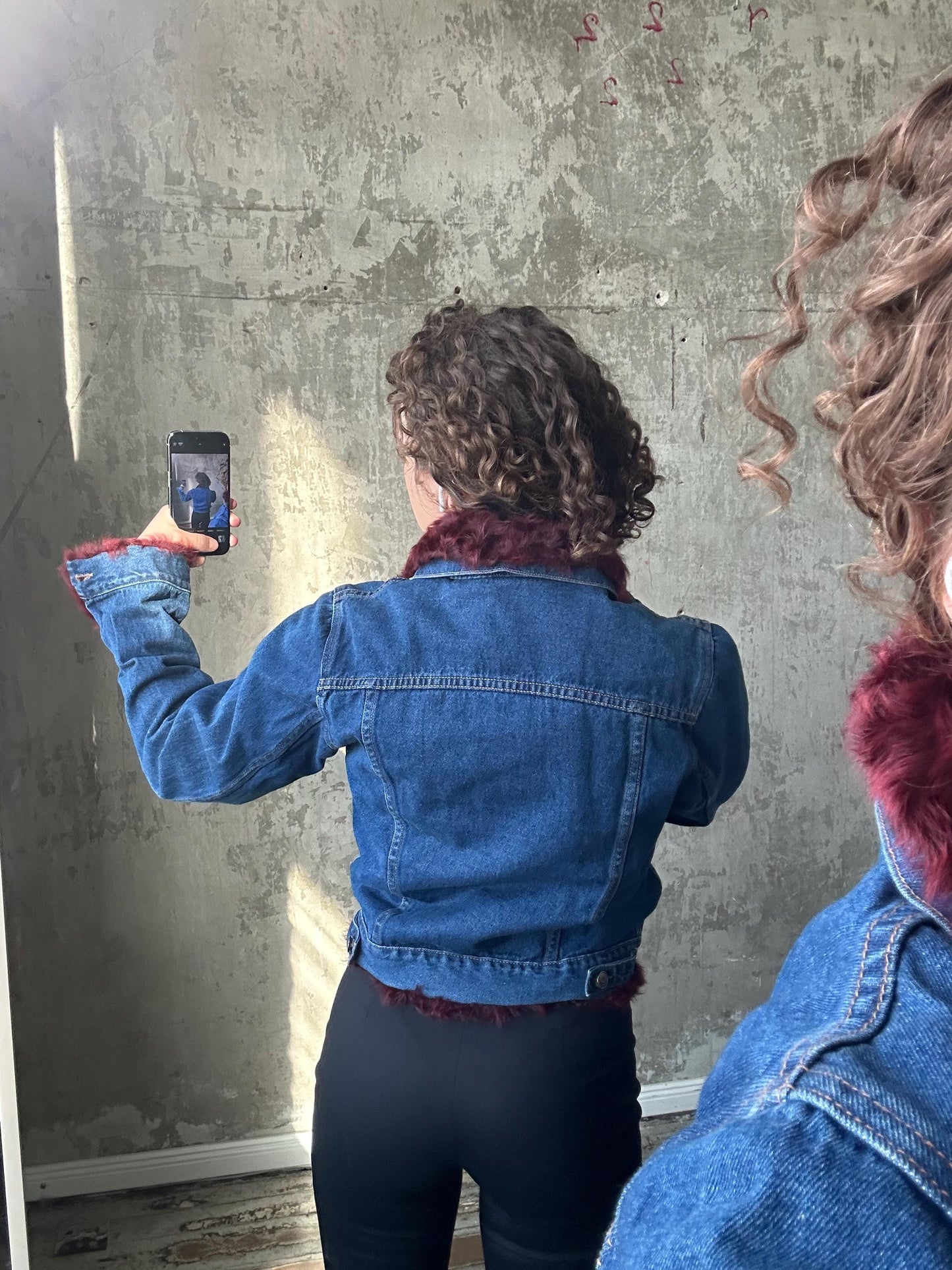 Vintage blue denim bomber jacket with fur lining