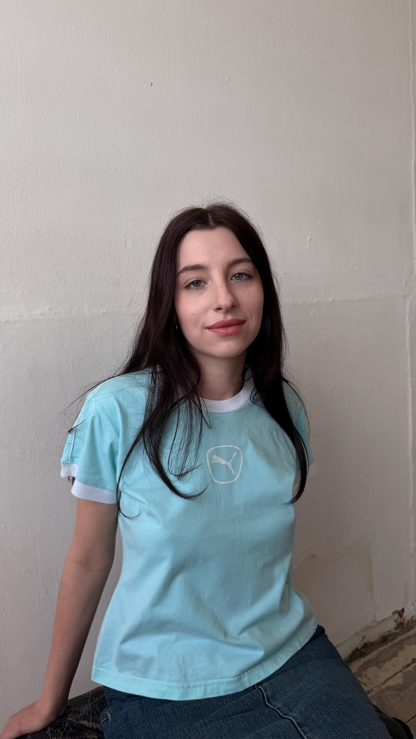Vintage PUMA micro t-shirt in baby blue with logo