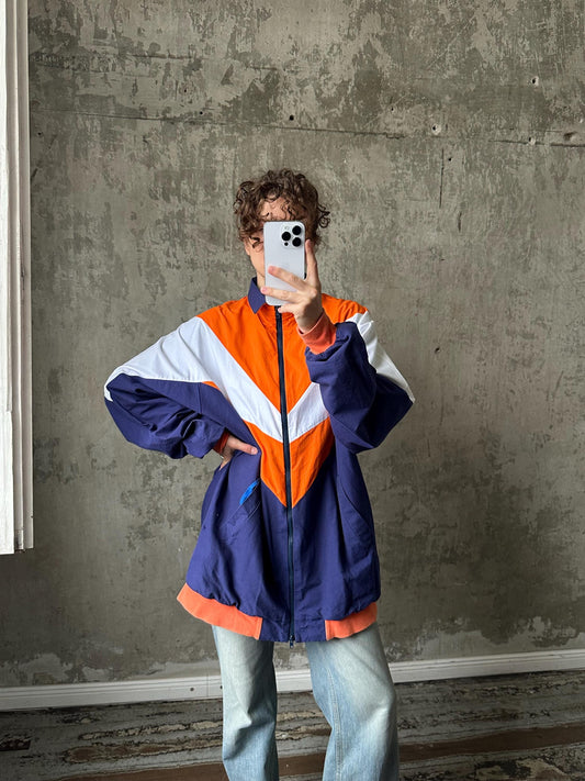 Vintage oversized tri-color athletic jacket in blue-orange-white