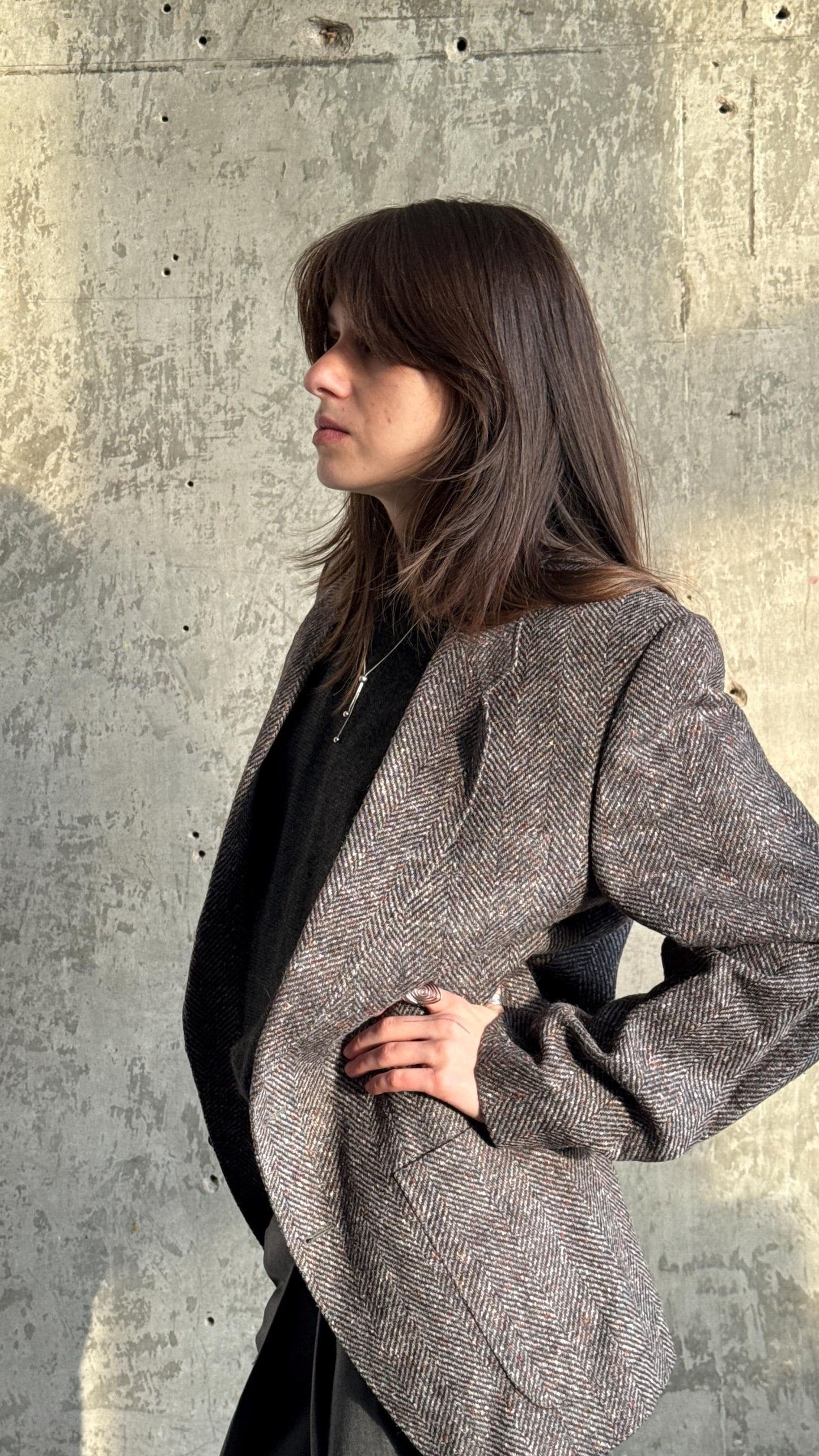 Vintage 90s Classic Herringbone Wool Blazer In Grey