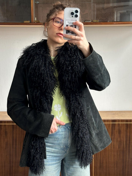 Vintage 90s leather afghan coat with faux fur in black