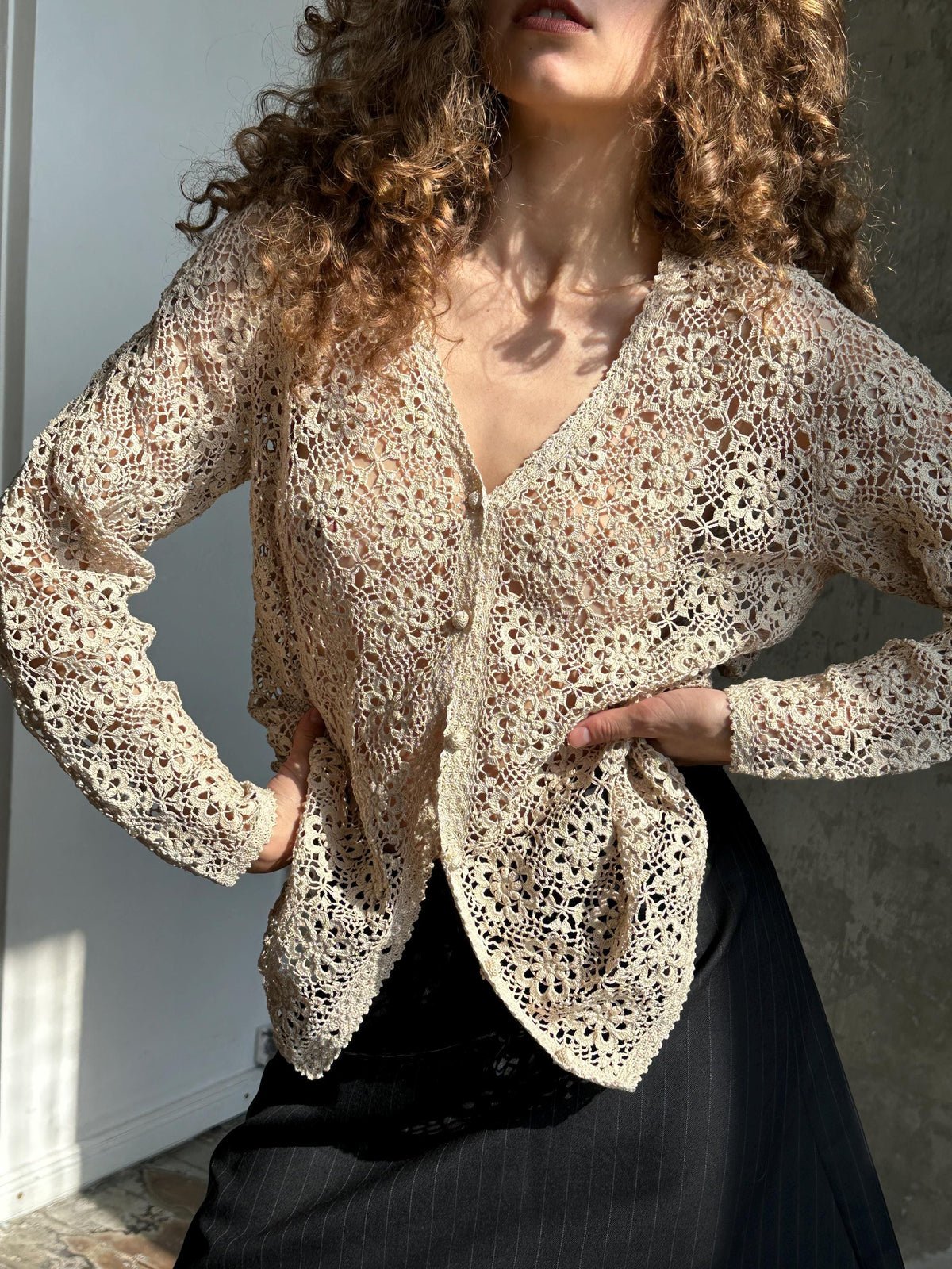 Vintage 90s Crochet Cardigan In Beige