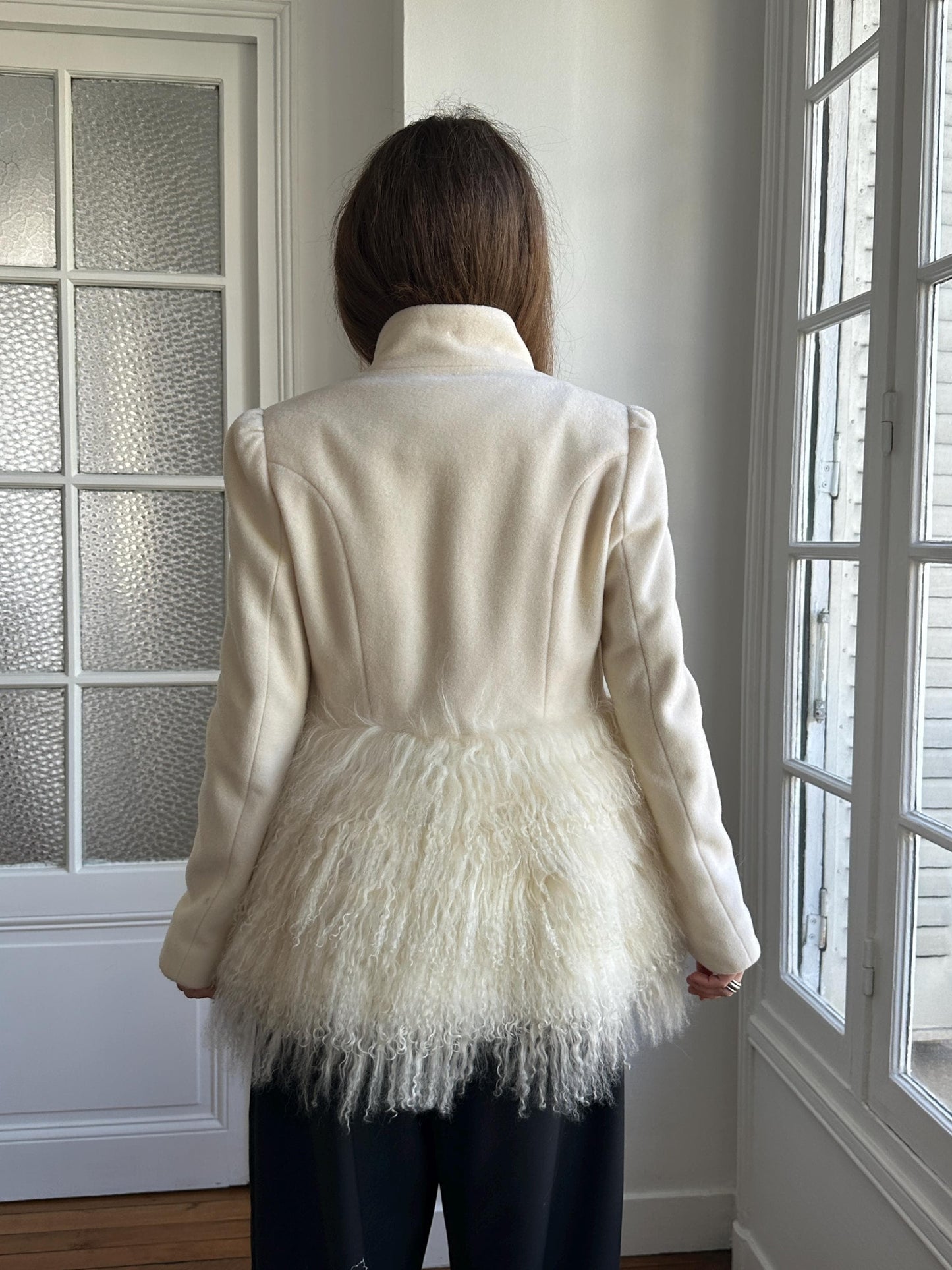 Vintage Y2K Ivory Wool Short Coat with Tibetan Lamb Fur Hem