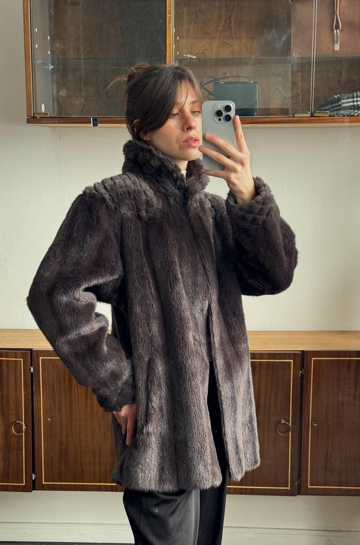 Vintage 90s Oversized Faux-Fur Mini Coat In Brown