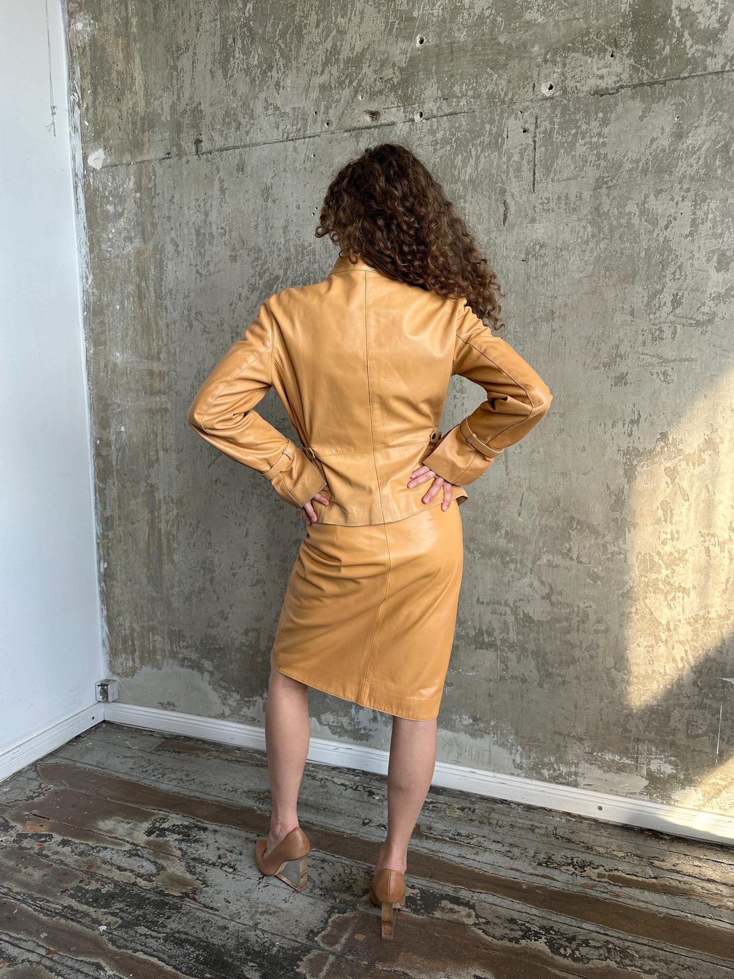Vintage 90s Camel Tan Leather Suit | Jacket & Zip Skirt Set in Brown