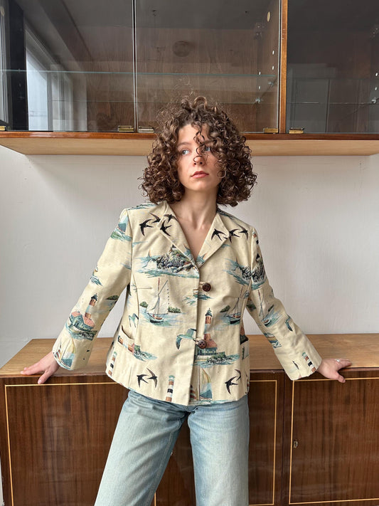 Vintage tapestry blazer in white with peaceful seascape