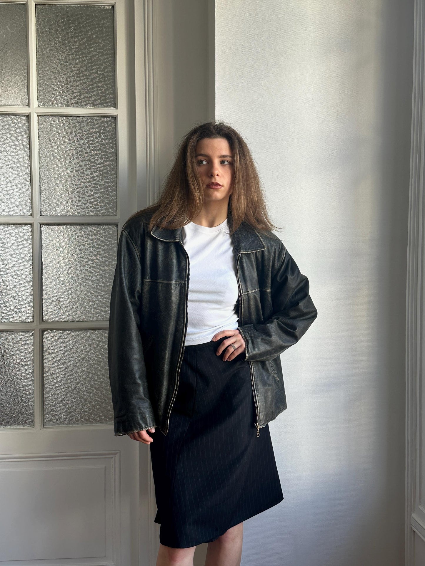 Vintage Distressed Leather Bomber Jacket in Black