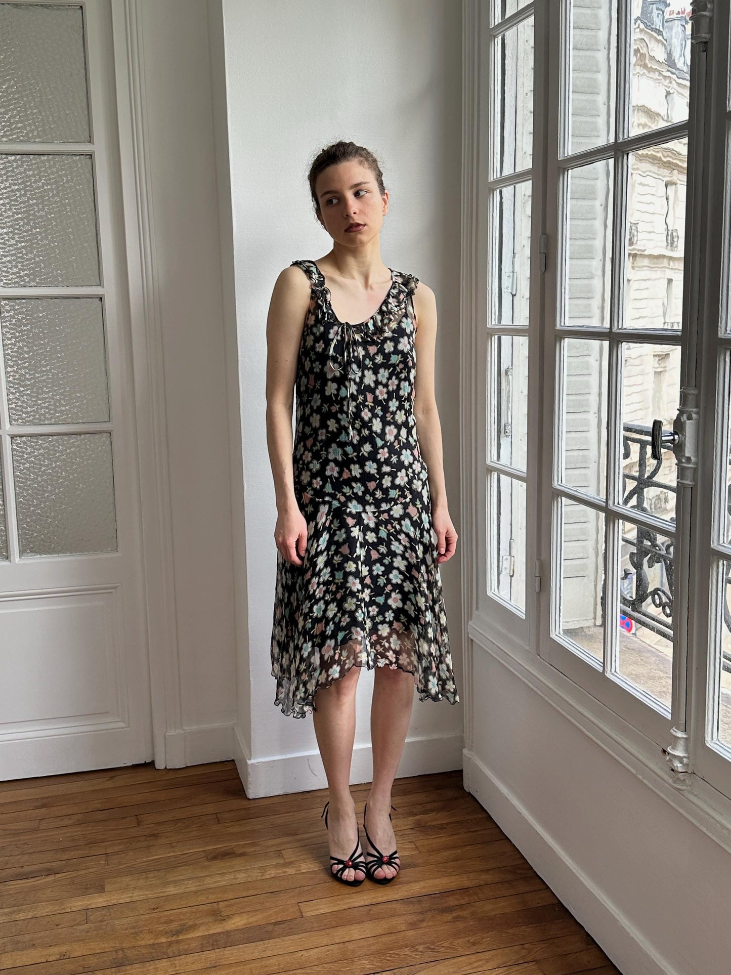 Moschino Cheap and Chic Black Floral Chiffon Midi Dress