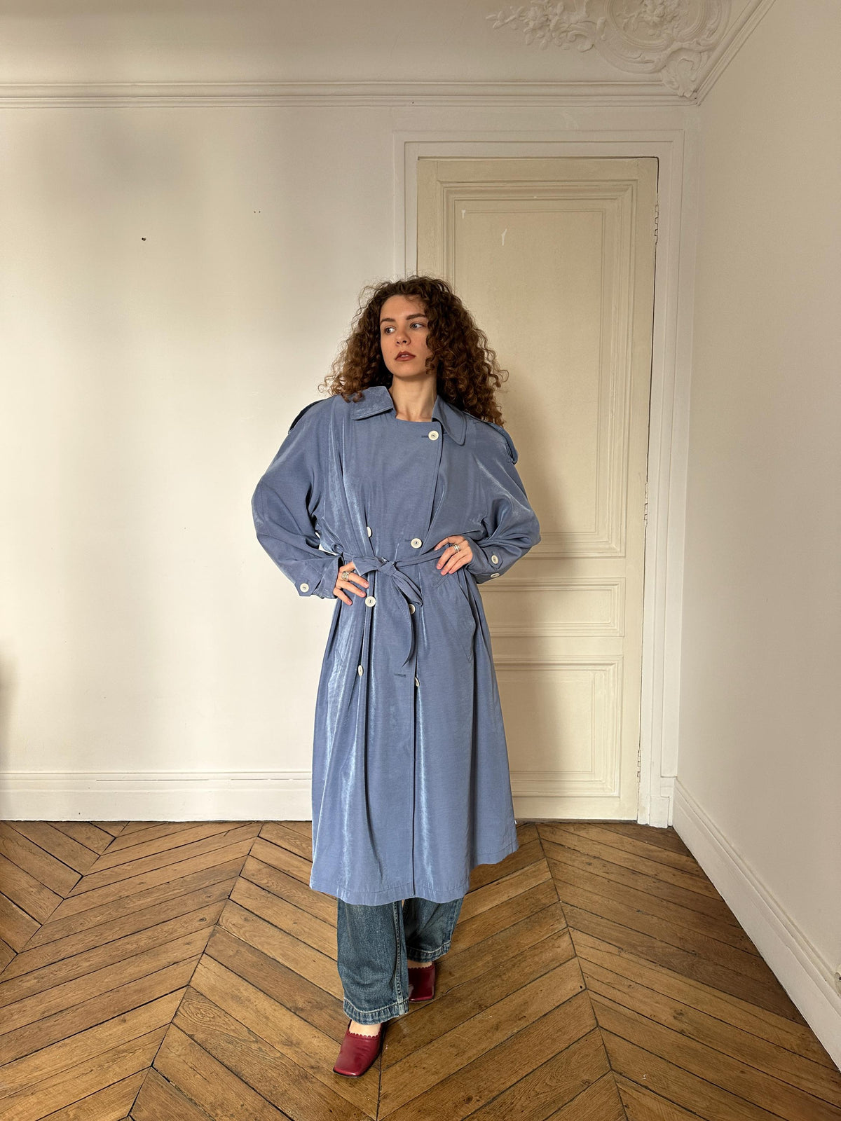 Vintage Cloudy Blue Long Trench Coat