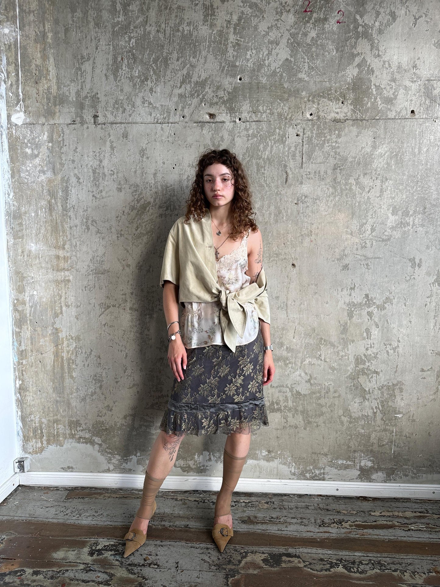 Vintage Philosophy di Alberta Ferretti Metallic Lace Skirt in Grey