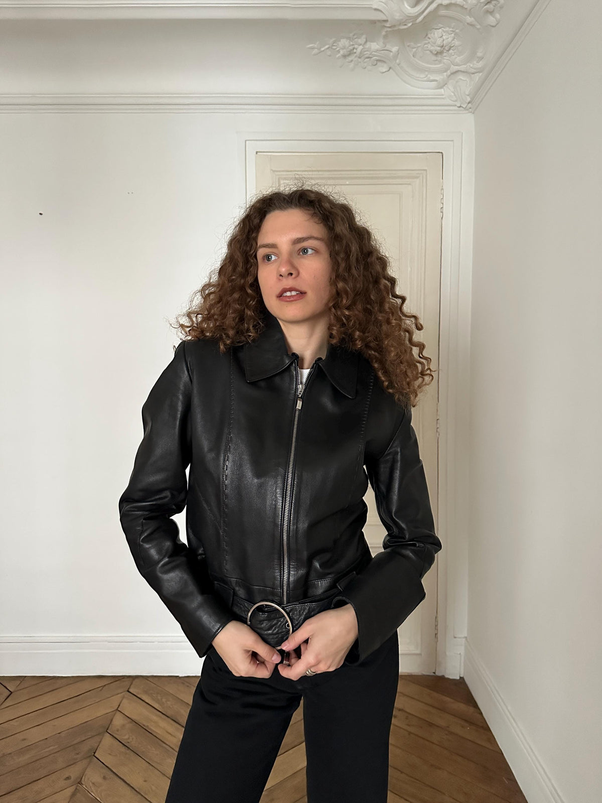 Vintage Genuine Leather Belted Jacket in Black with Ring Buckle