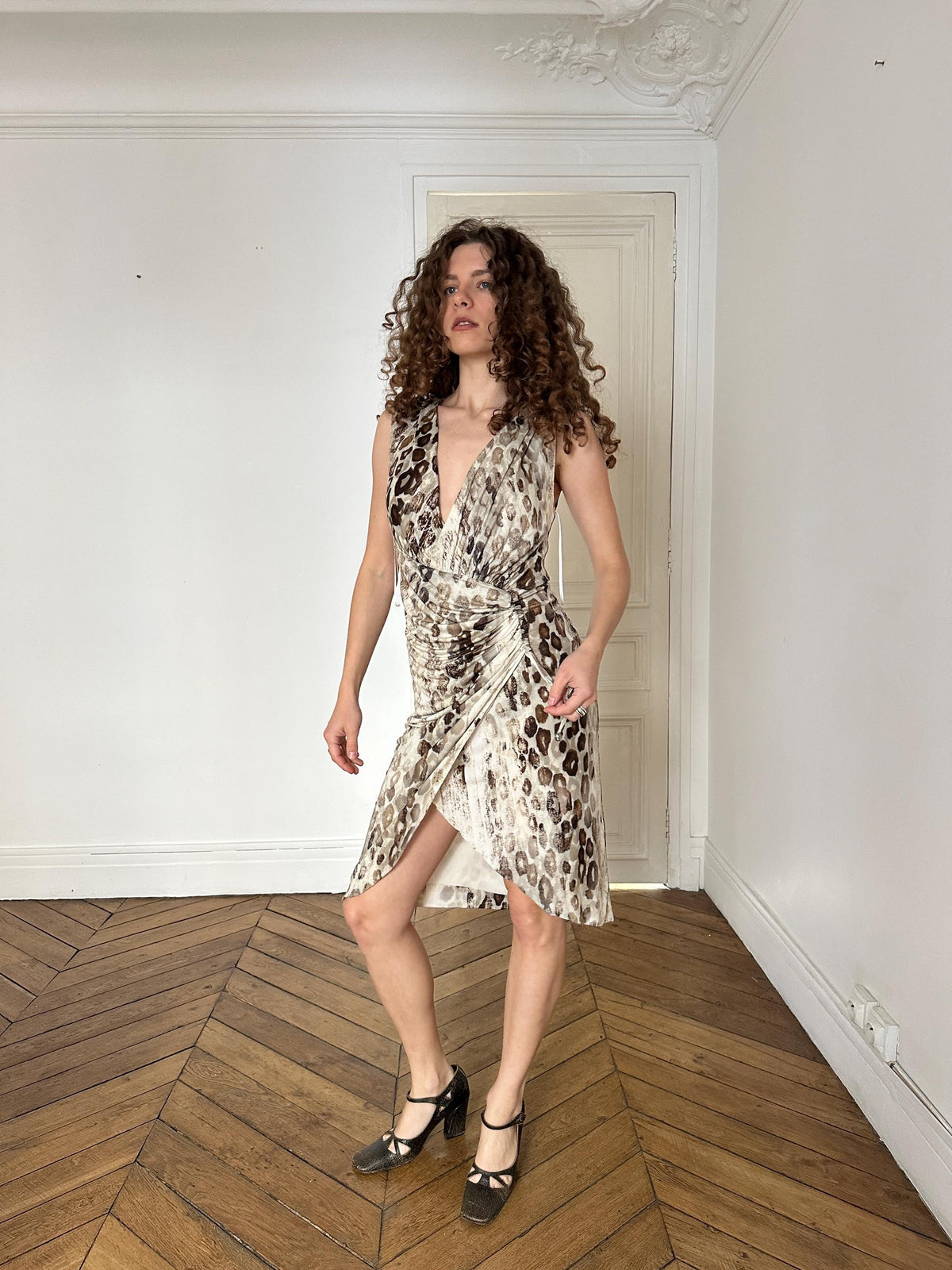 Vintage Roberto Cavalli Leopard Print Wrap Dress in Beige