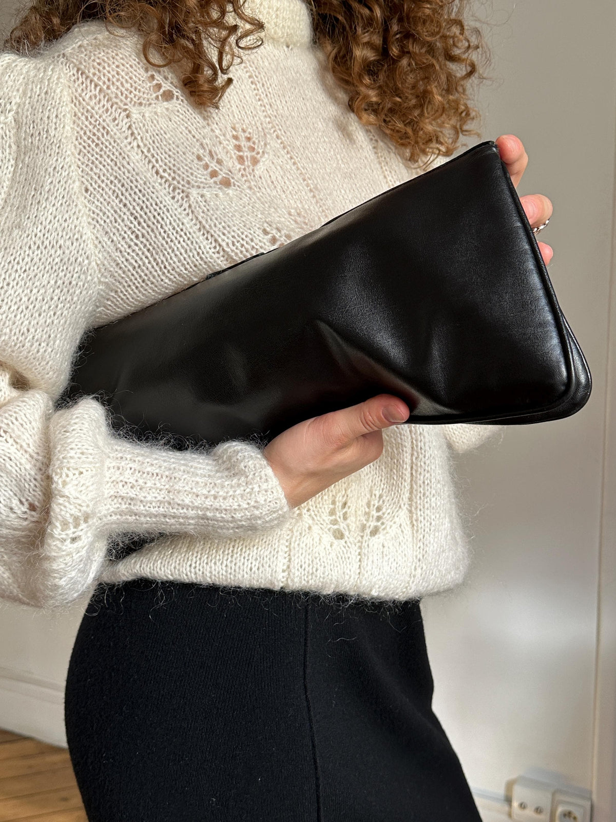 Vintage 90s Soft Black Leather Metal Hardware Handbag
