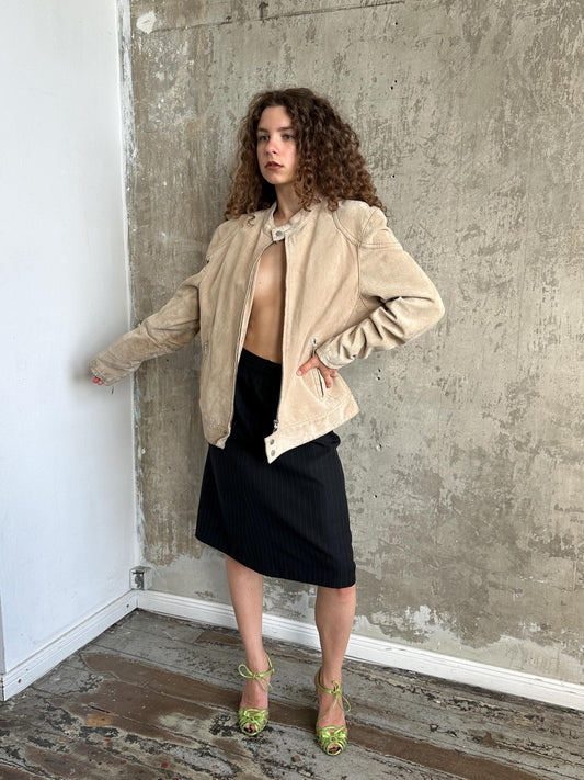 Vintage 90s Beige Suede Leather Moto Jacket