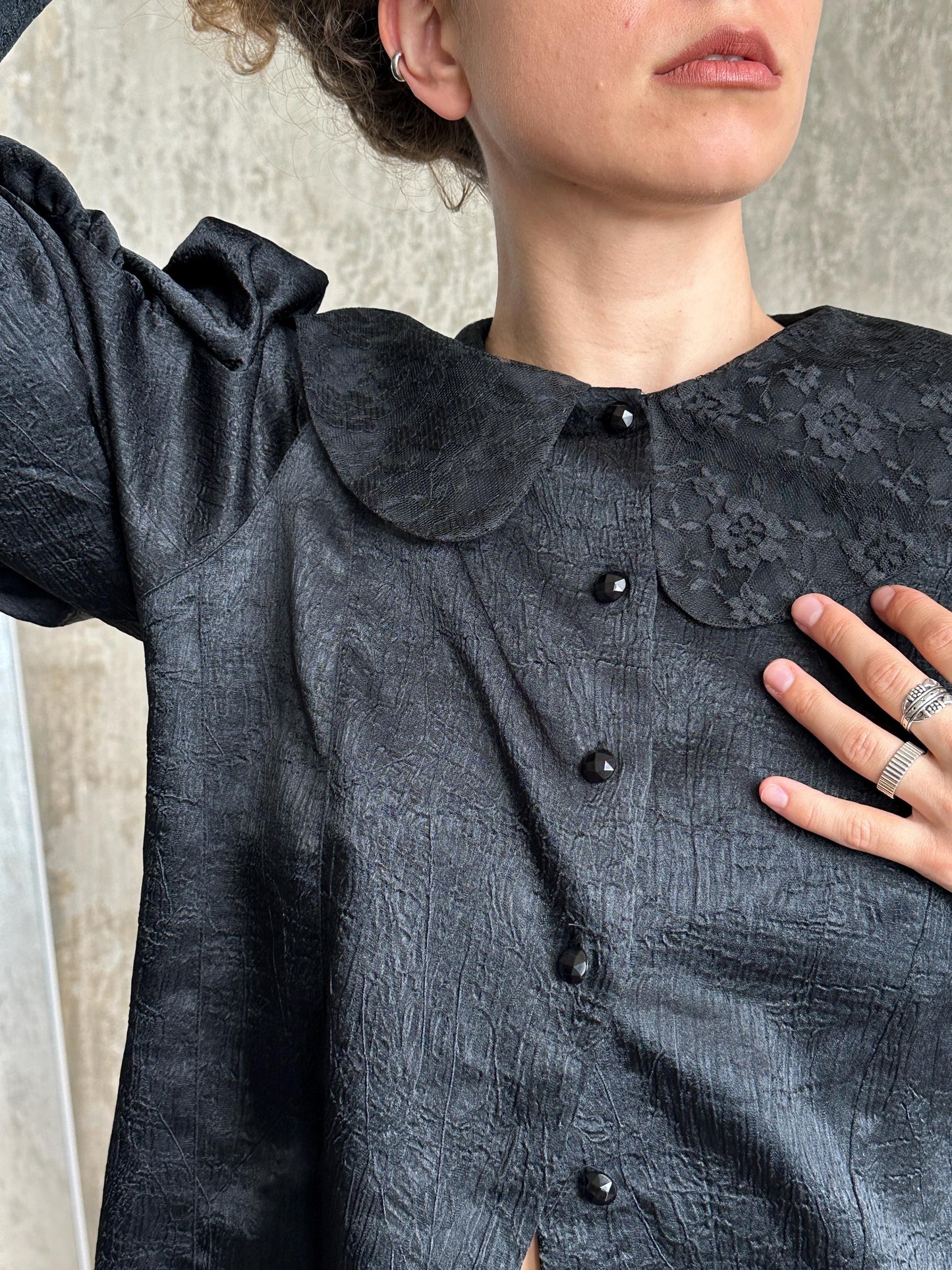 Vintage Black Puff Sleeve Romantic Draped Blouse