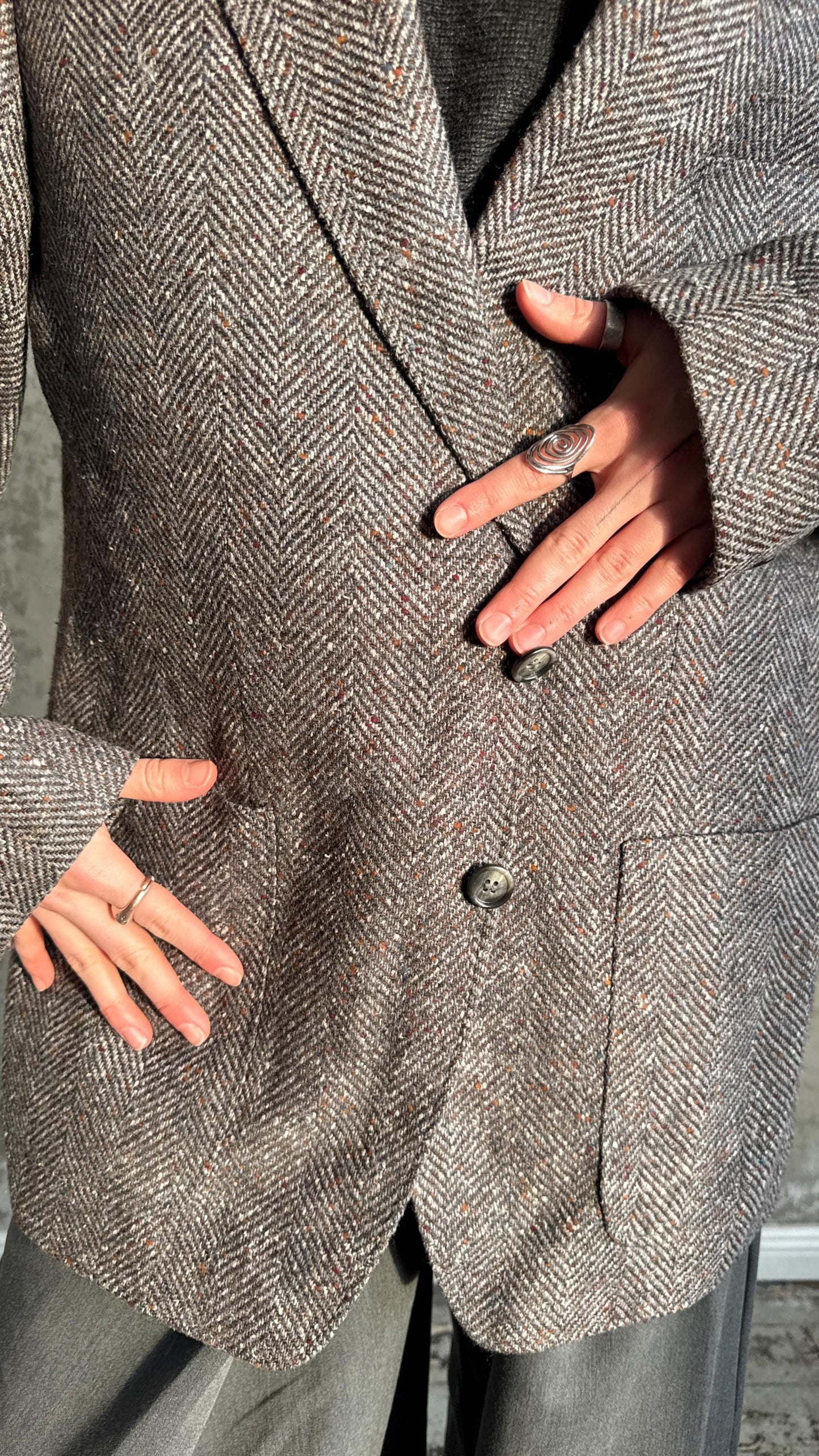 Vintage 90s Classic Herringbone Wool Blazer In Grey