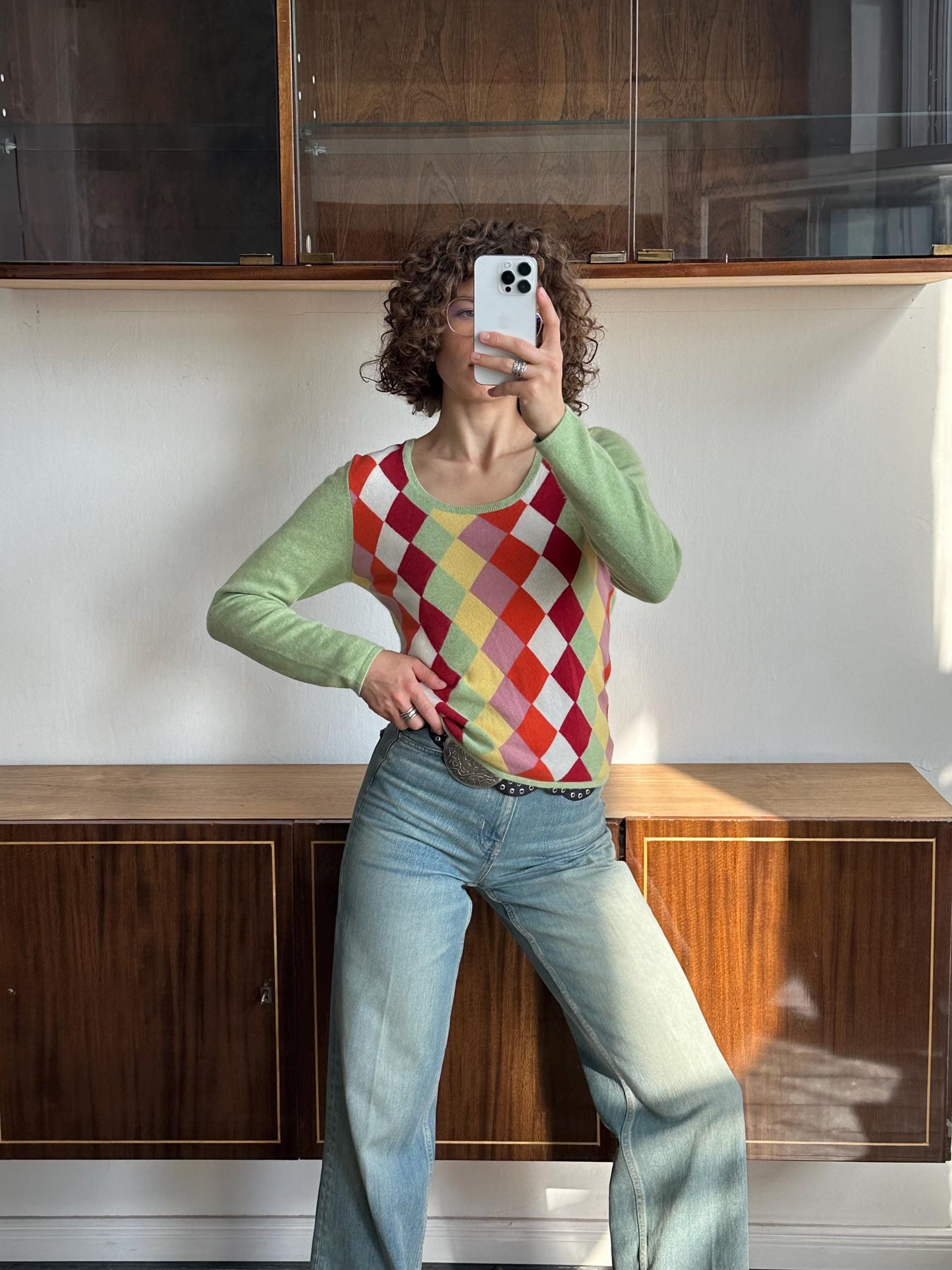 Vintage 90s argyle cashmere sweater in green, multicolor diamond sweater