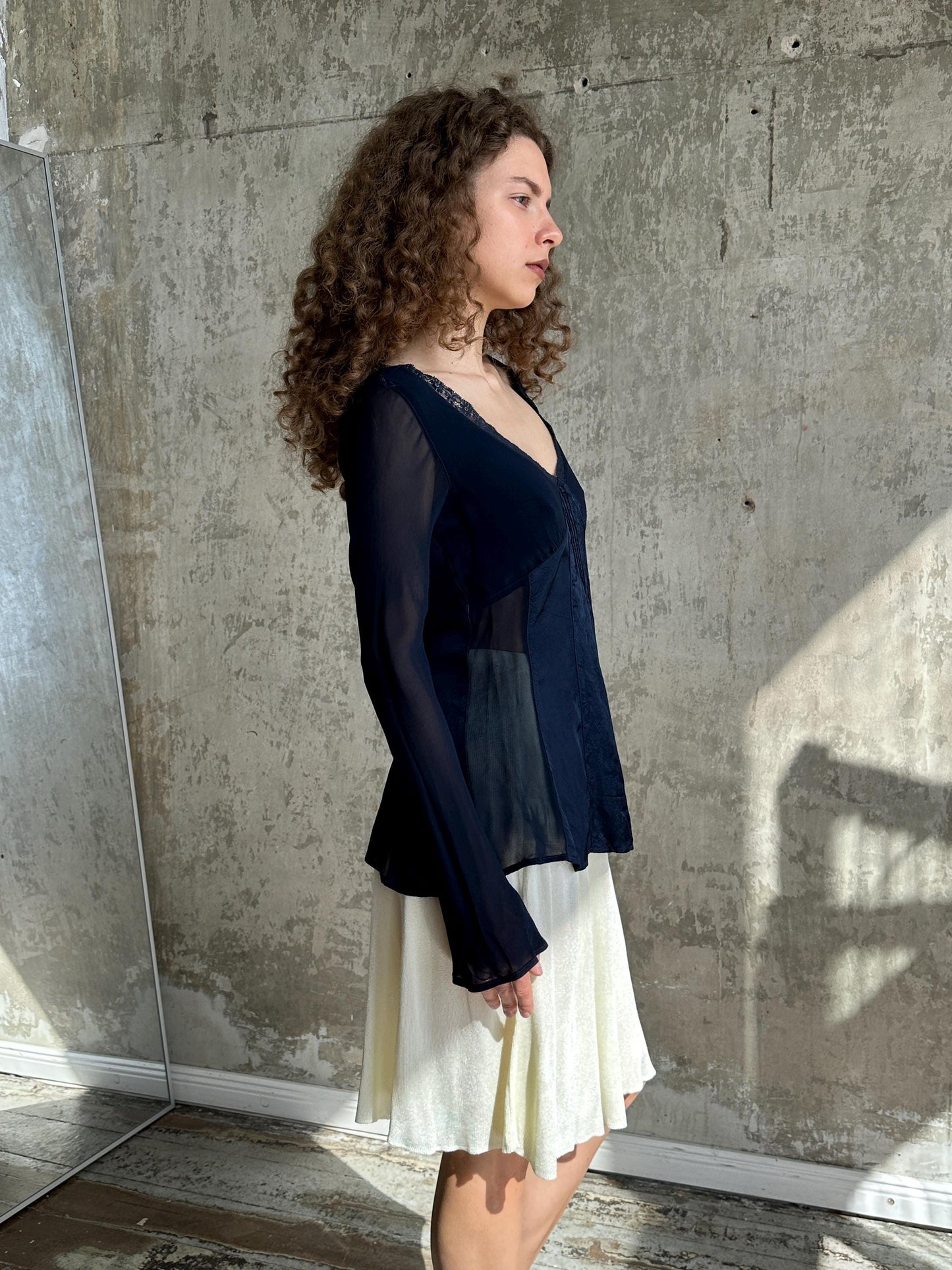 Vintage Navy Blue Sheer Lace Top