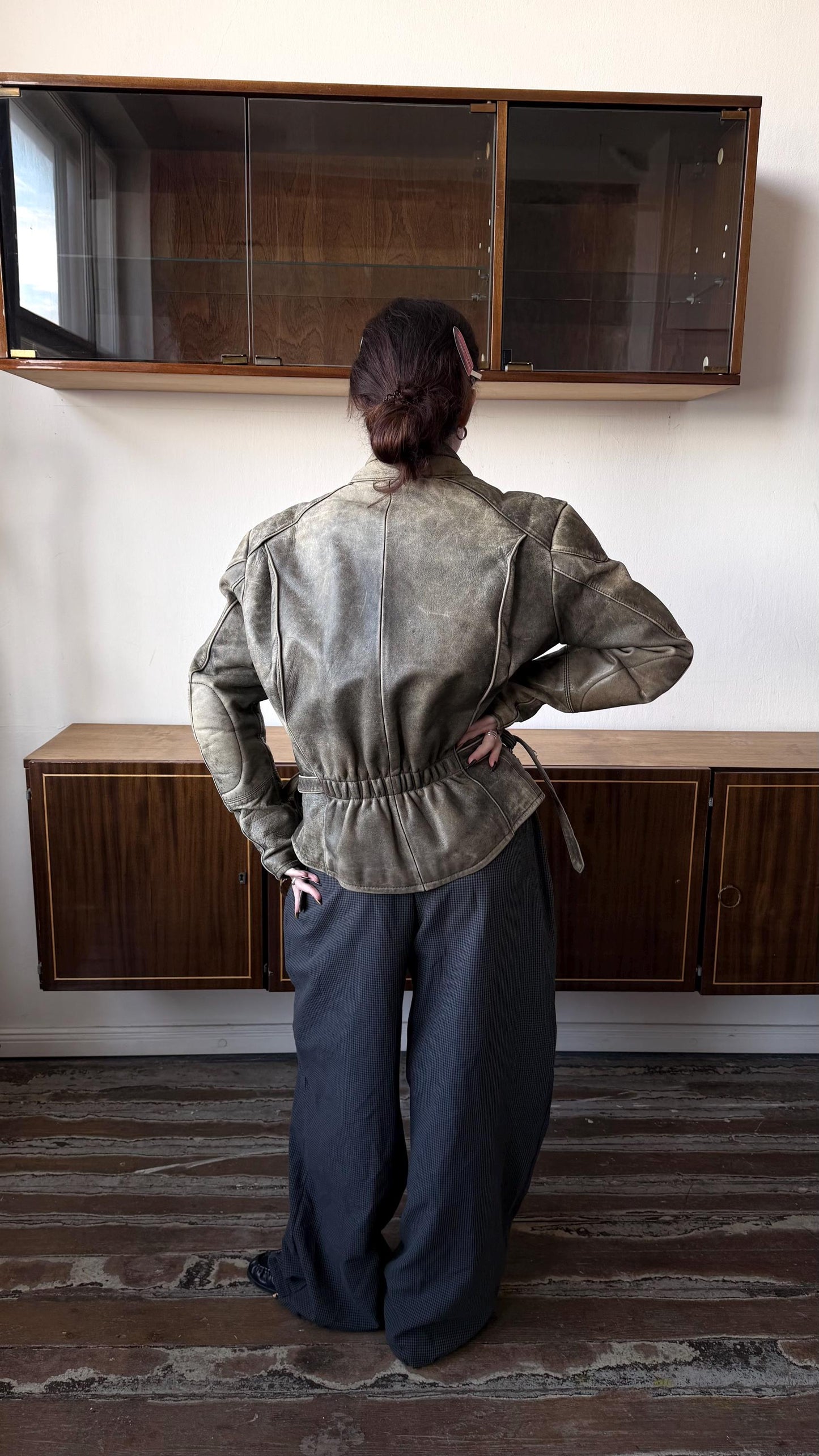 Vintage faded motorcycle leather jacket in brown
