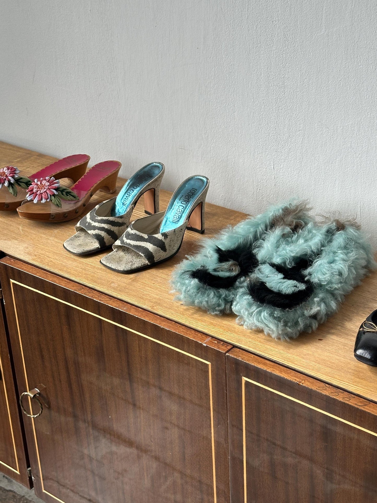 Vintage Prada Milano Shearling Fur Slipper | Mint Green & Black Furry Slides | US 6