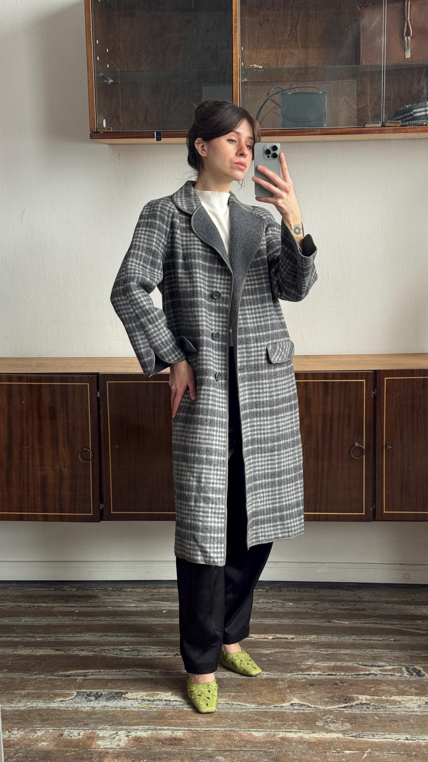 Vintage Fitted Checked Wool Coat In Grey
