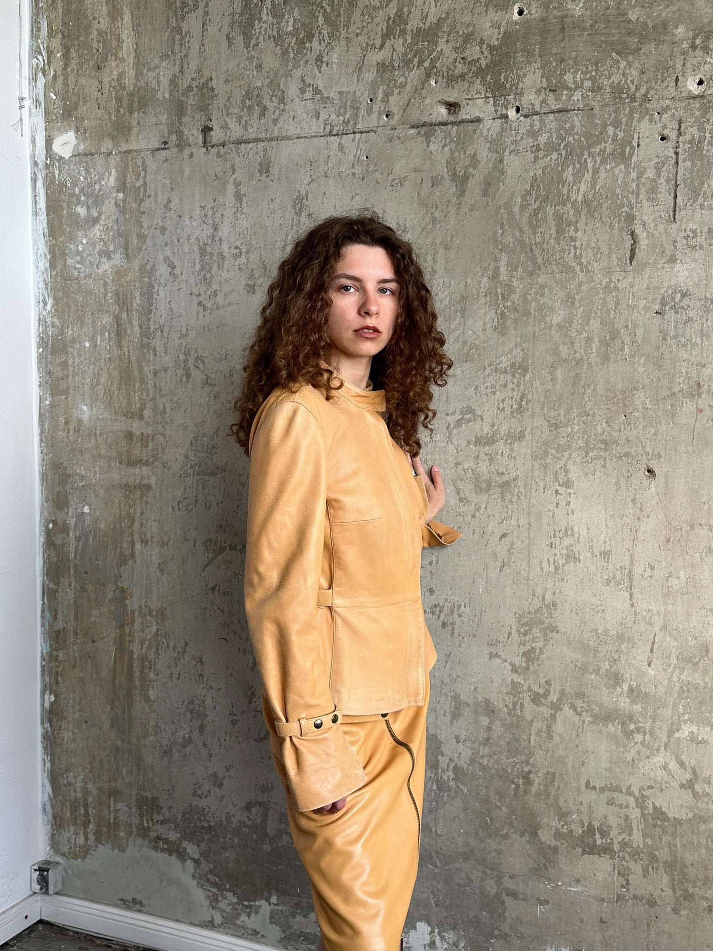 Vintage 90s Camel Tan Leather Suit | Jacket & Zip Skirt Set in Brown