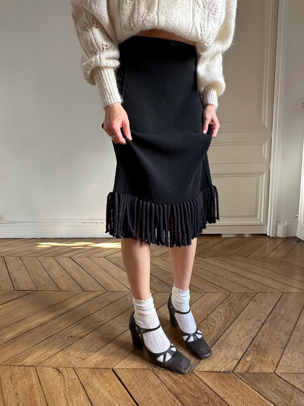 Vintage Sonia Rykiel Knit Skirt Black with Fringe