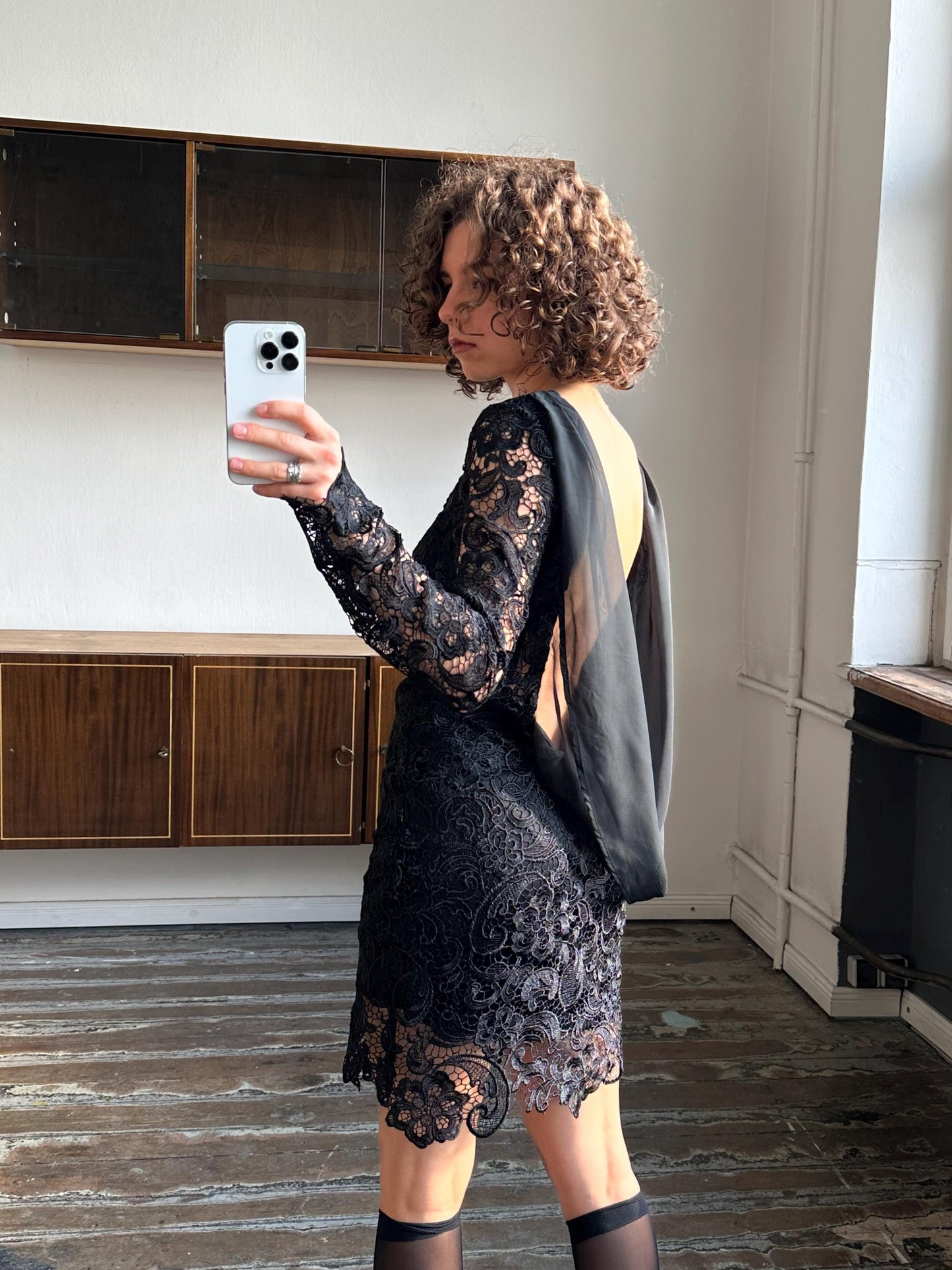Vintage 90s long sleeve mini dress in black, lace slip dress