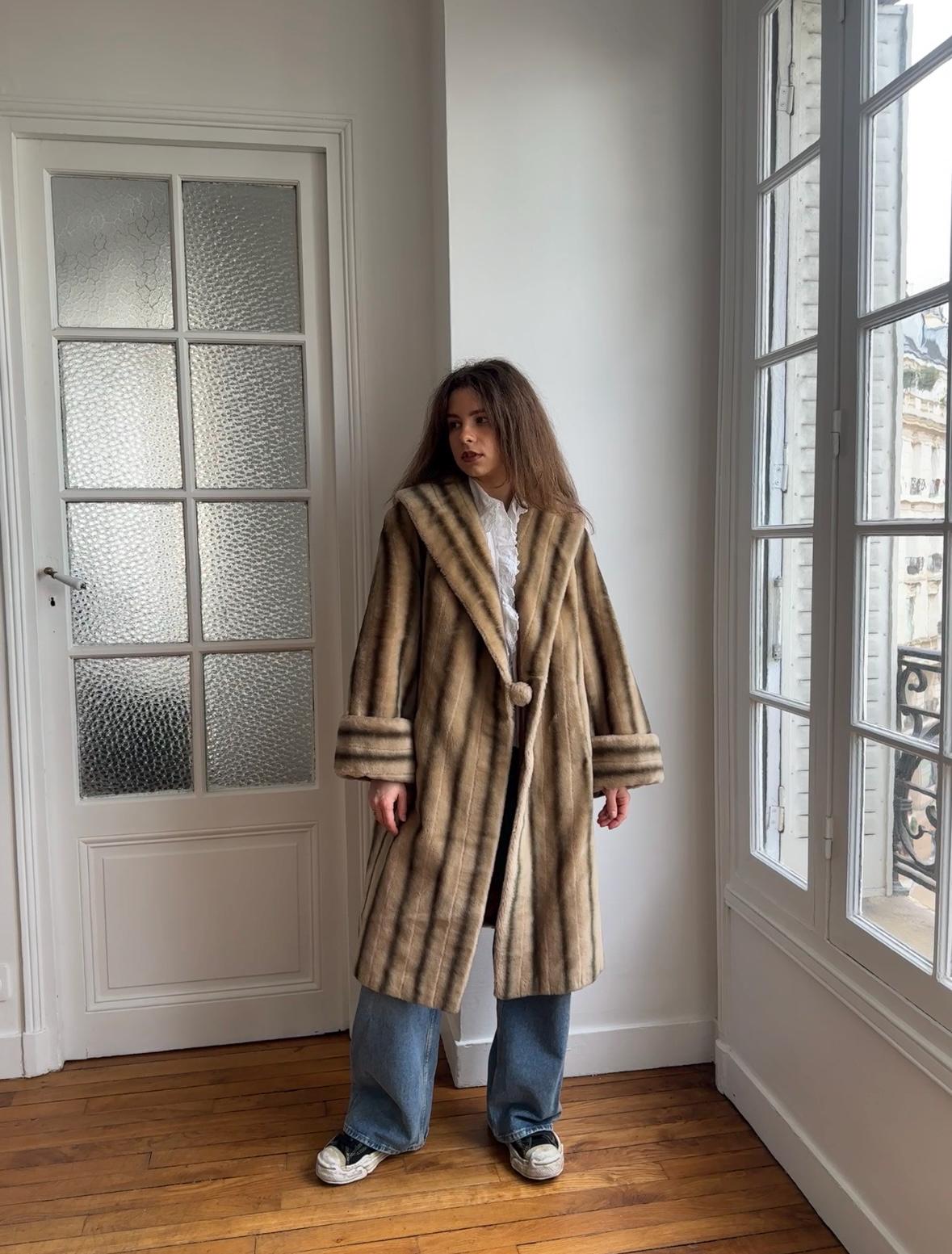 Vintage 60s Faux Fur Coat: Striped, Pom-Pom Closure, Midi Length, British Nylon
