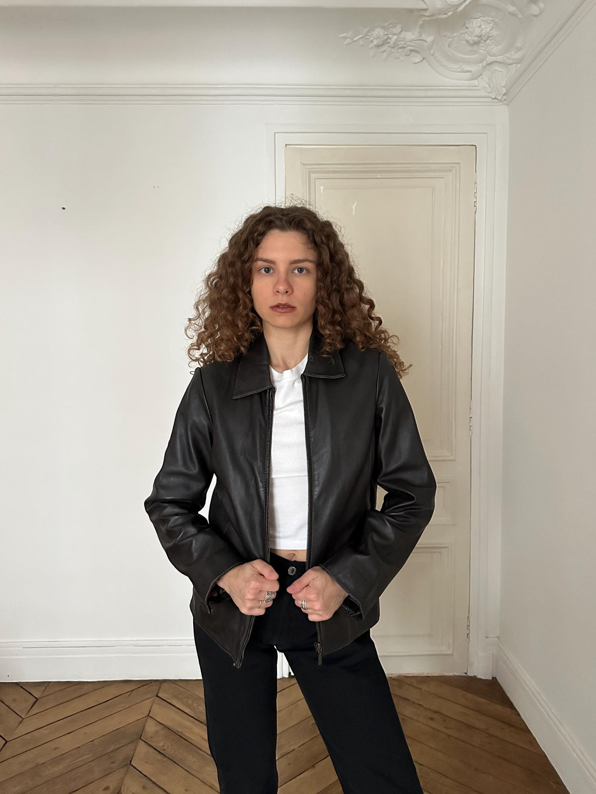 Vintage 90s Dark Brown Zip Boxy Leather Jacket