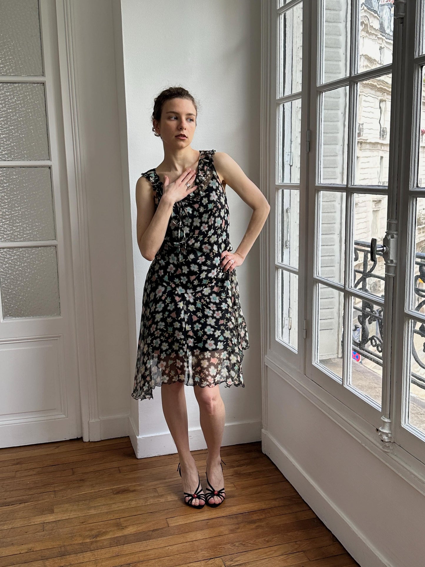 Moschino Cheap and Chic Black Floral Chiffon Midi Dress