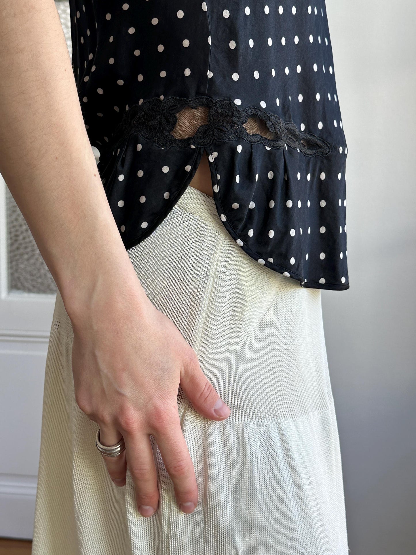 Vintage Pure Silk Polka Dot Nightie Top in Black