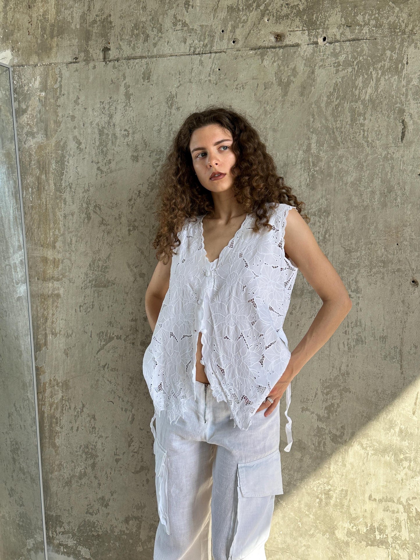 Vintage White Cotton Cutwork Floral Lace Top