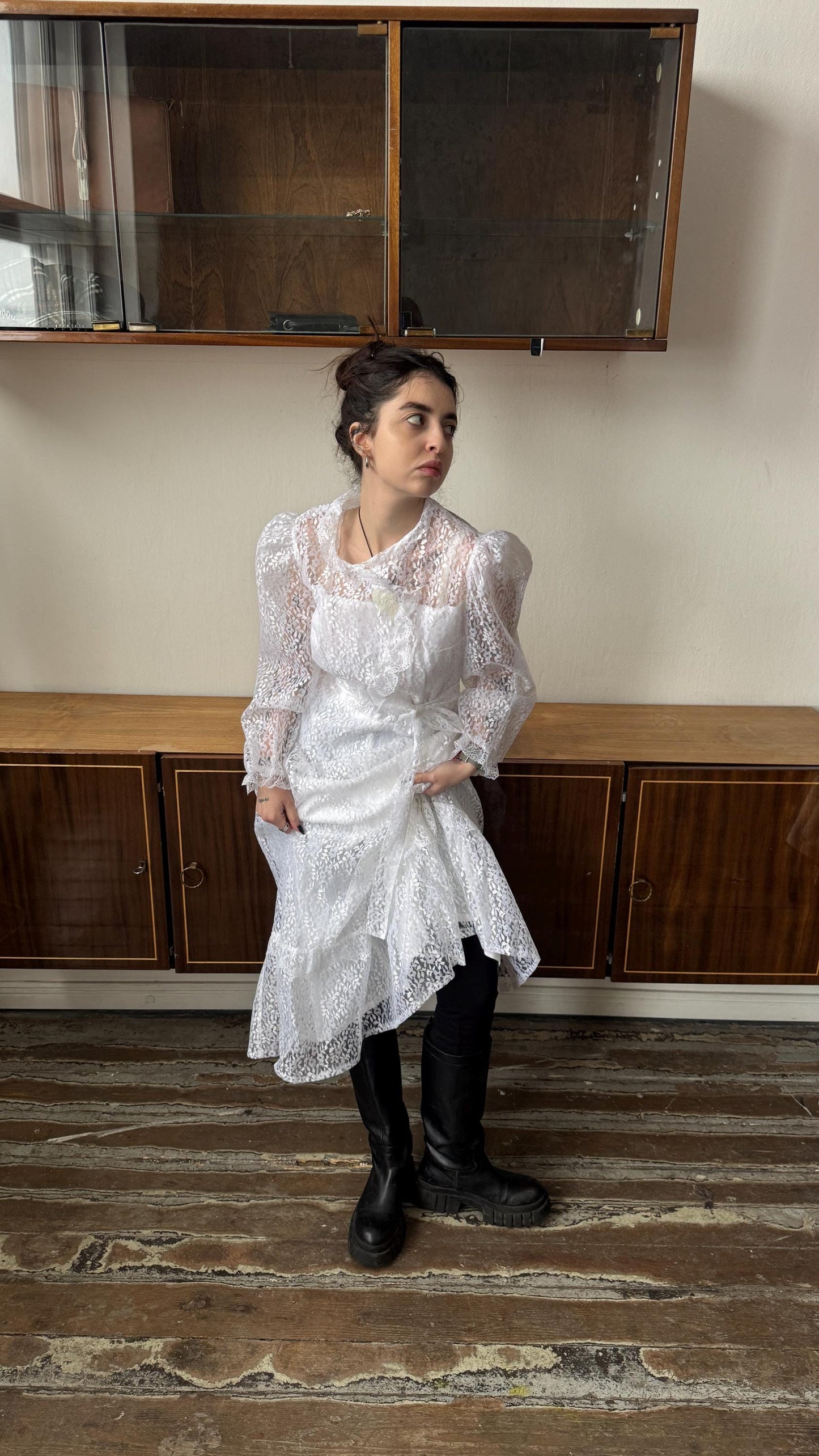 Vintage 70s silk bridal lace dress in white