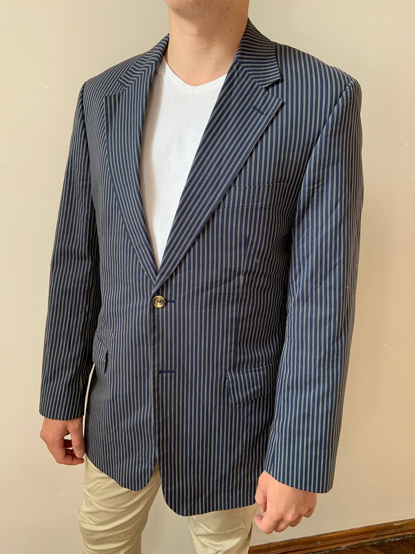 Vintage 90s Men's striped blazer, navy sport coat, size M