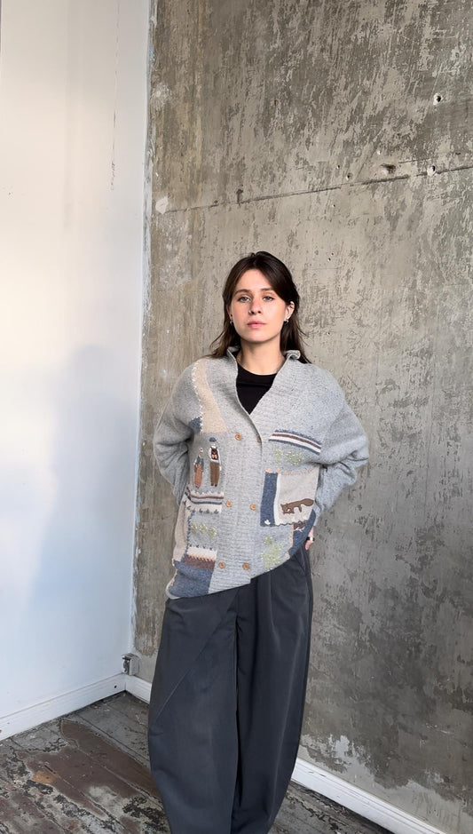 Vintage 90s Angora Wool Cardigan In Grey With Cute Print
